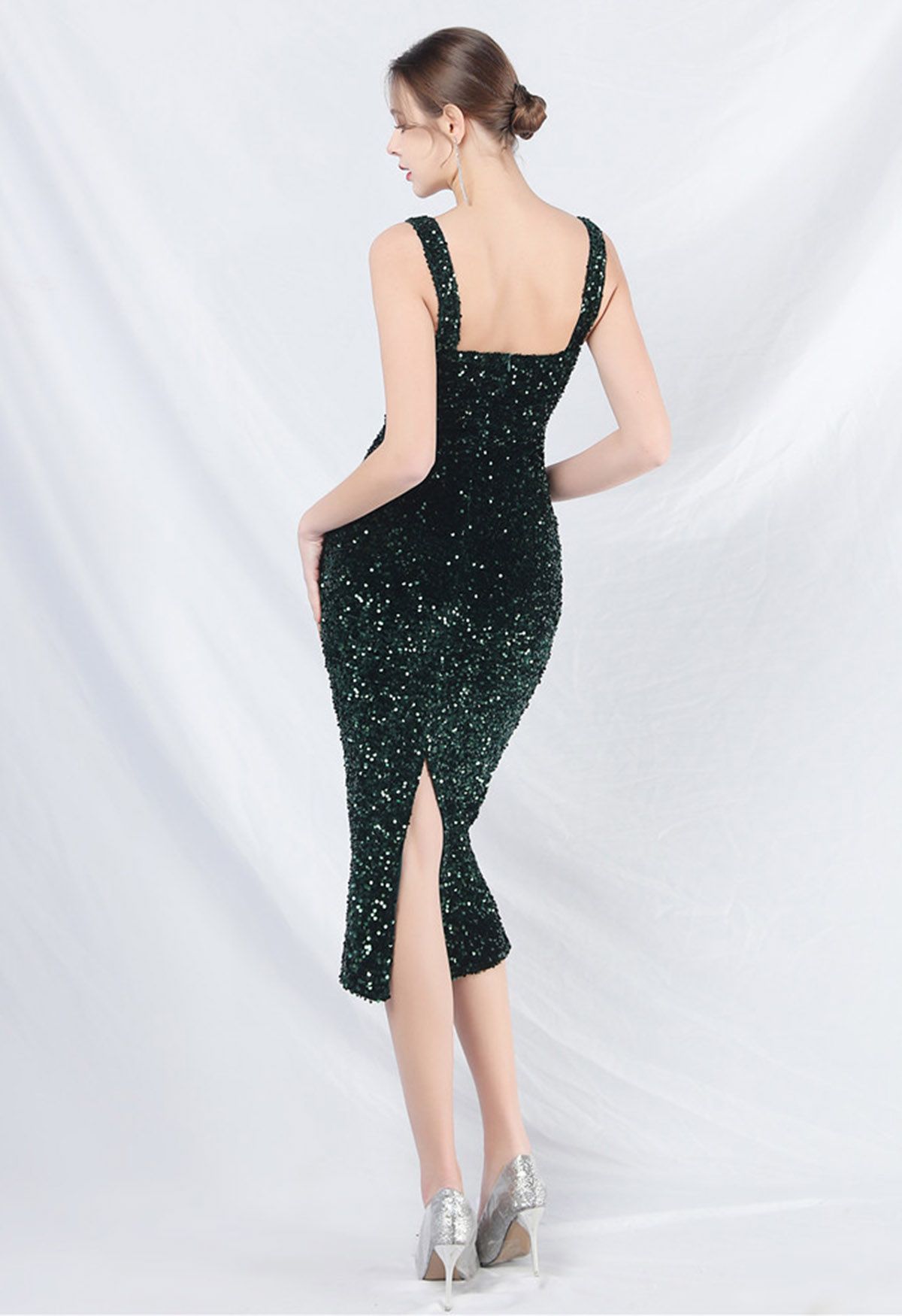 Glitzy Sequin Split Velvet Cami Gown in Dark Green