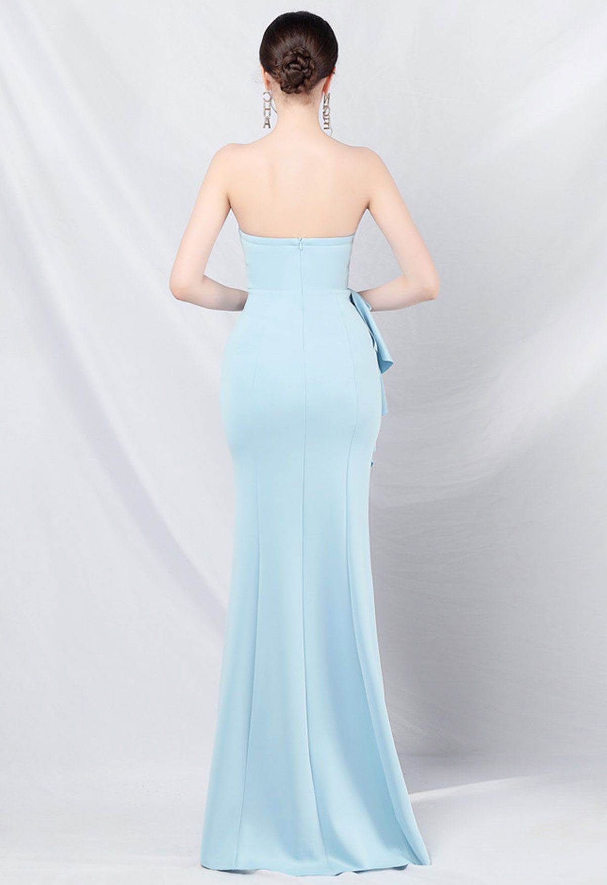 Strapless Bowknot Waist Ruffle Slit Gown in Baby Blue