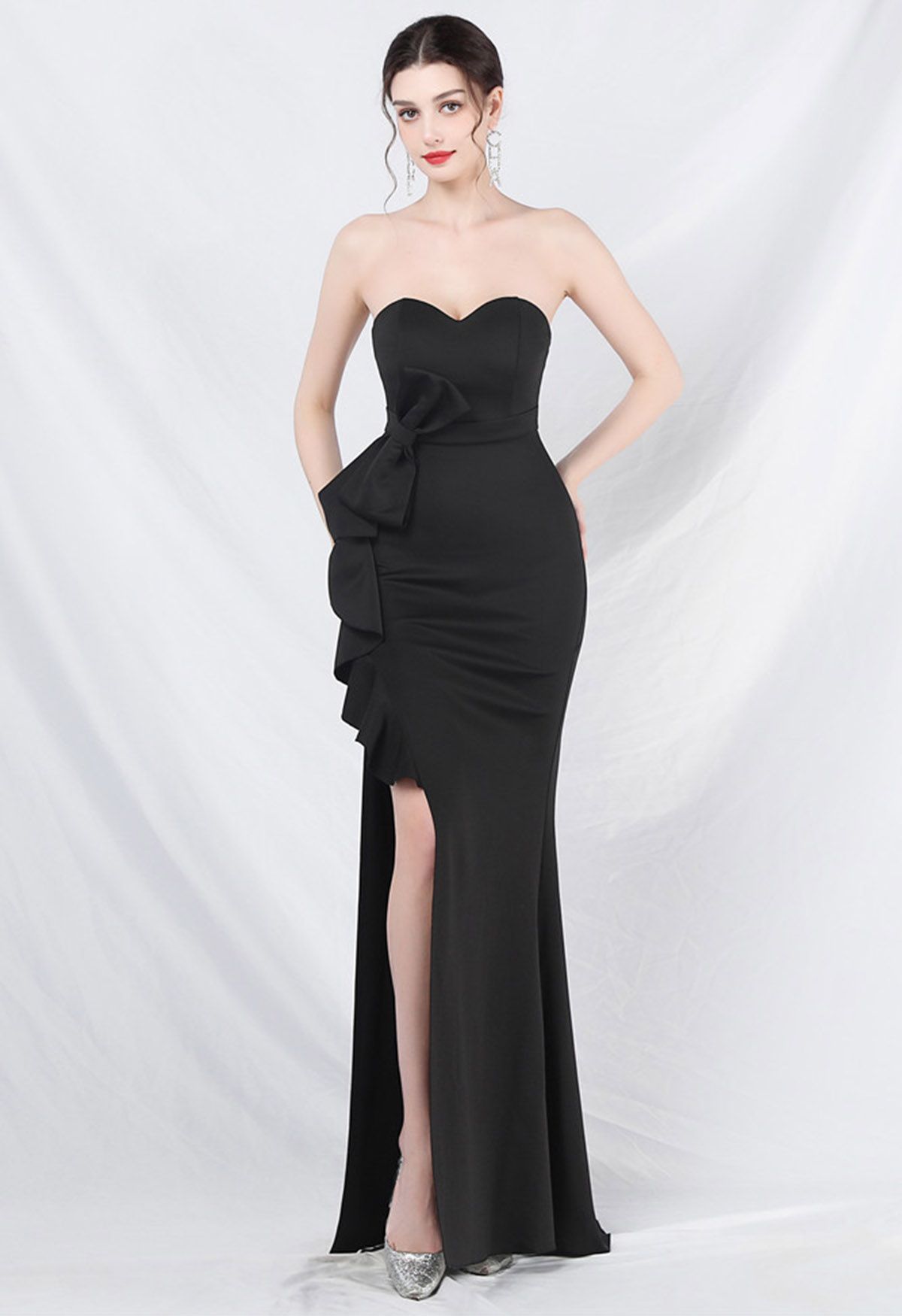 Strapless Bowknot Waist Ruffle Slit Gown in Black