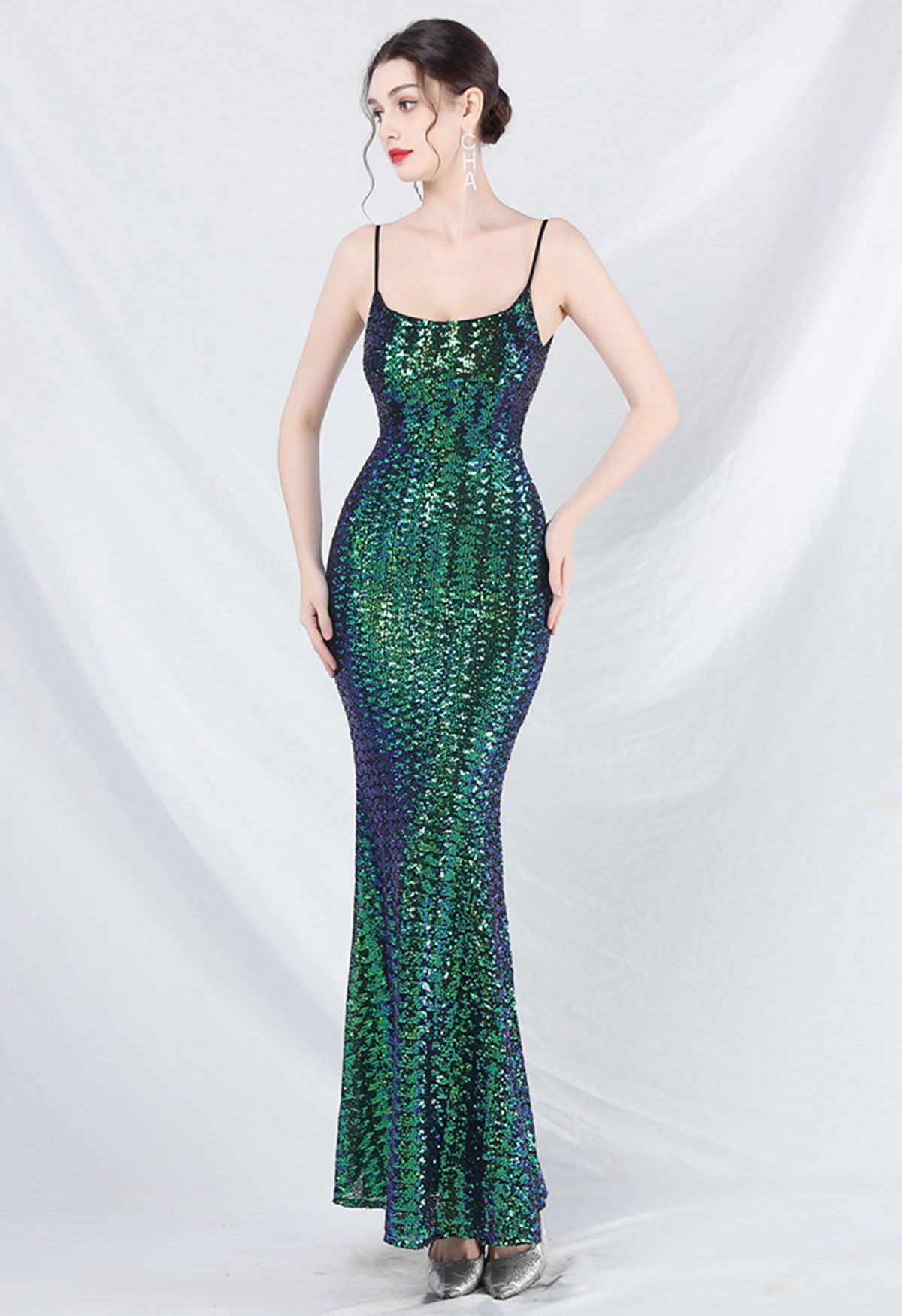 Fairytale Sequin Mermaid Cami Gown in Green