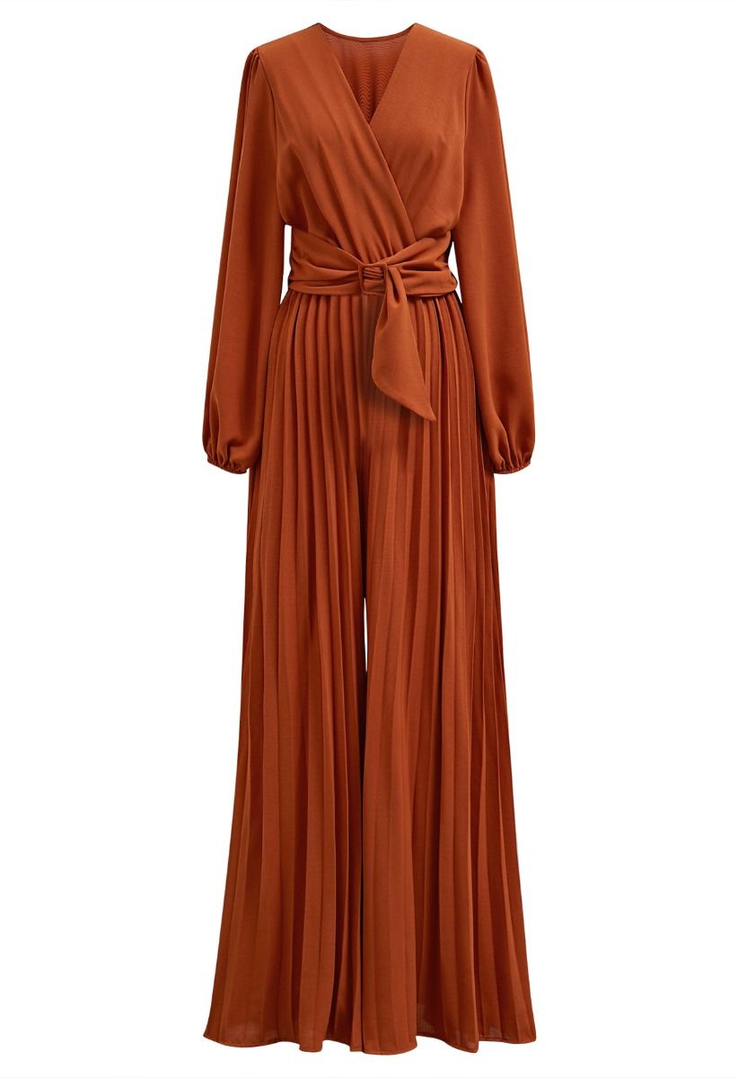 Sash Adorned Wide Leg Pleated Jumpsuit in Orange