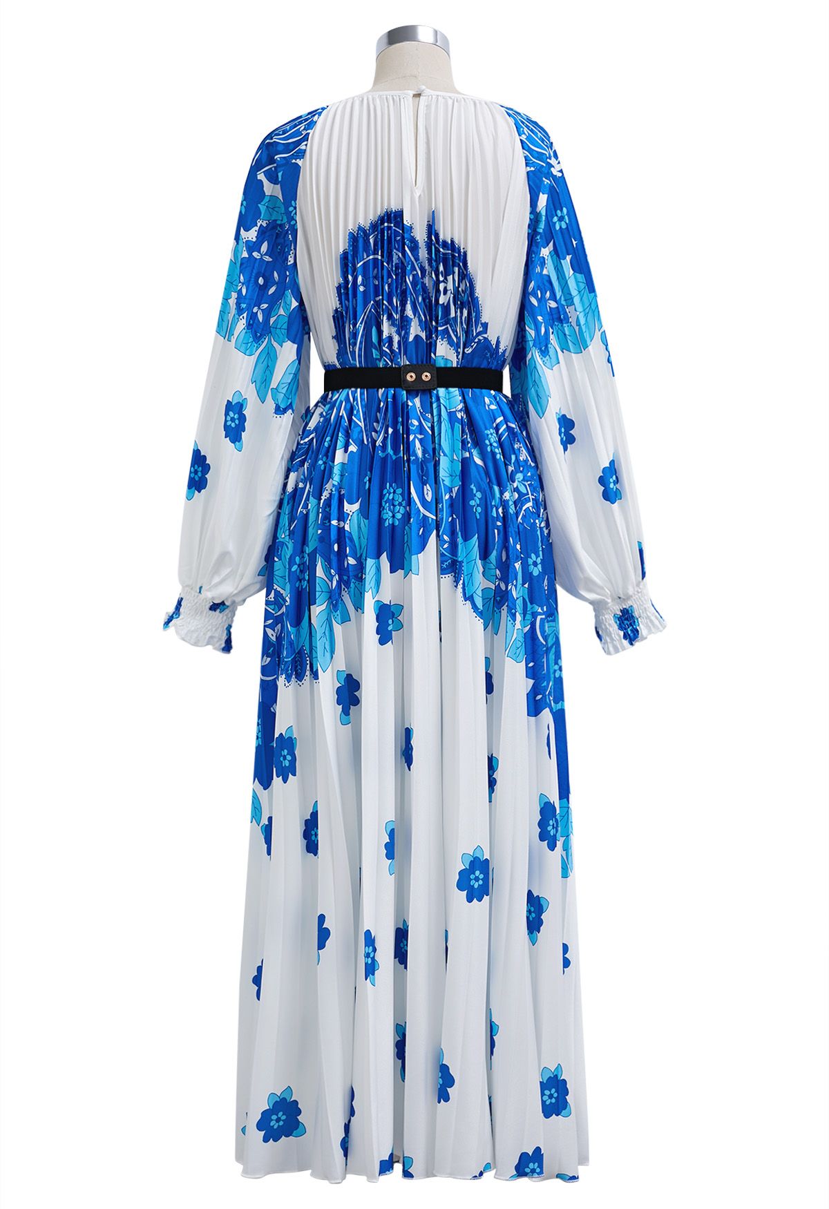 Blossoming Day Watercolor Pleated Maxi Dress in Blue