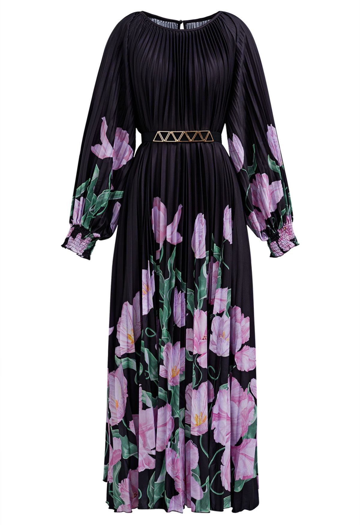 Blossoming Day Watercolor Pleated Maxi Dress in Black