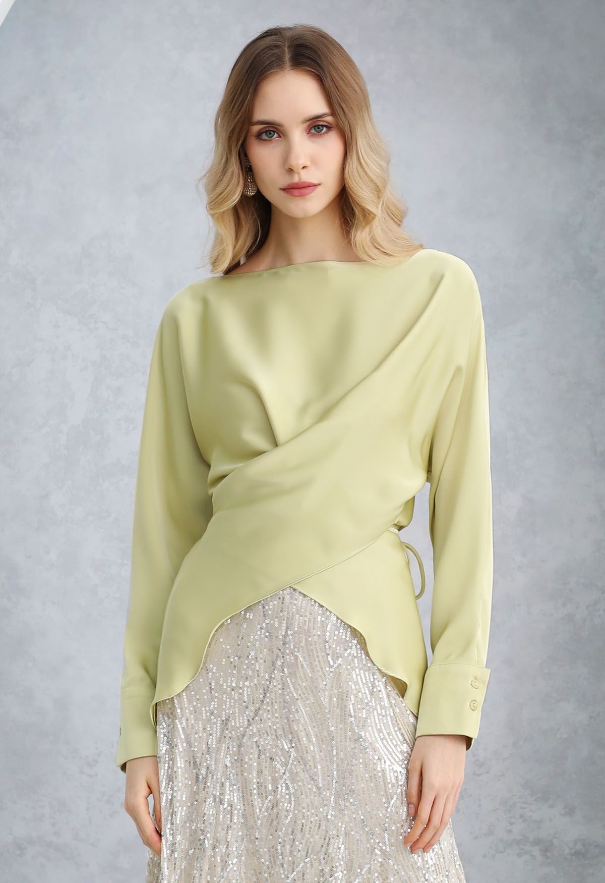 Boat Neck Crisscross Waist Satin Top in Lime