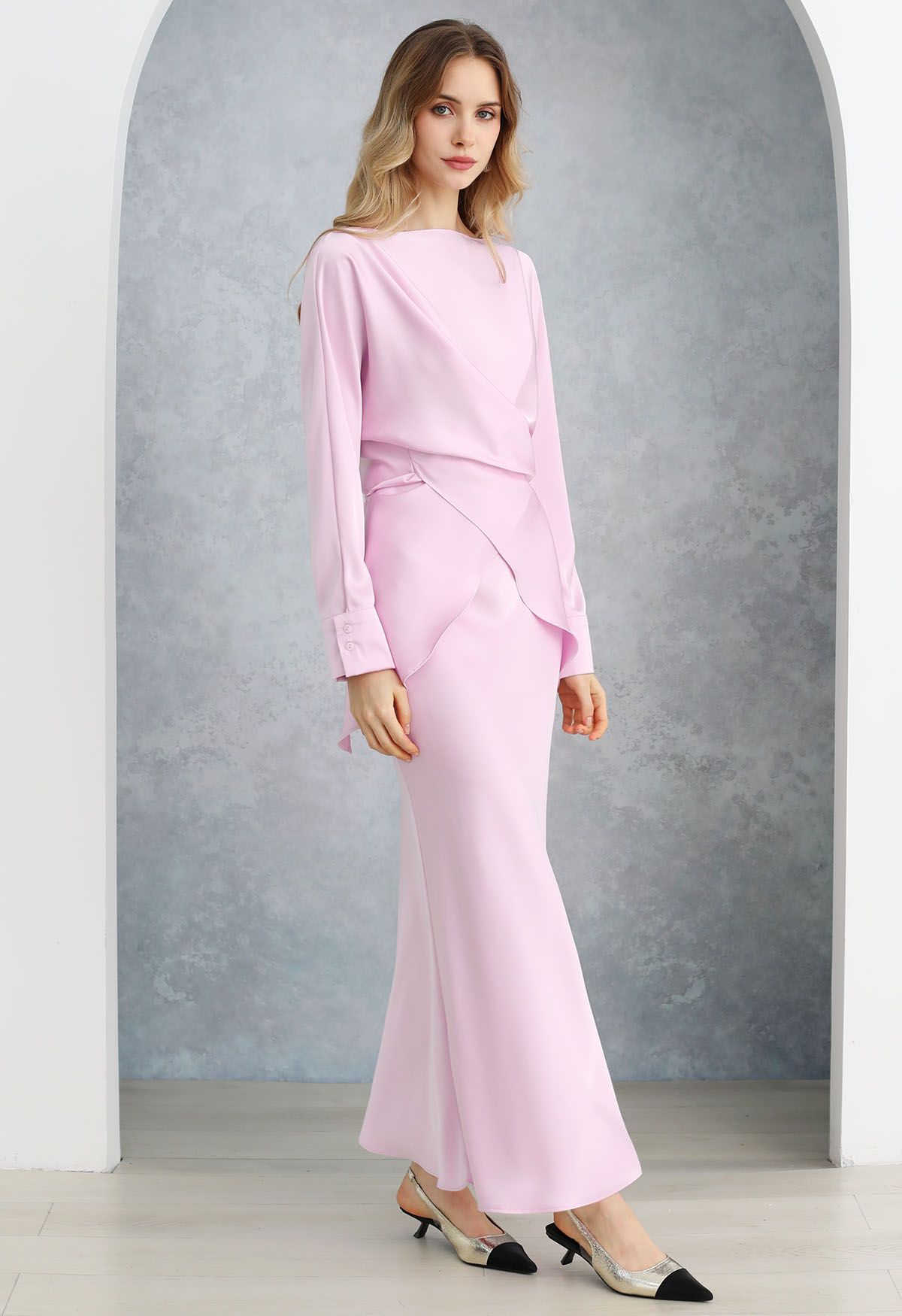 Boat Neck Crisscross Waist Satin Top in Pink