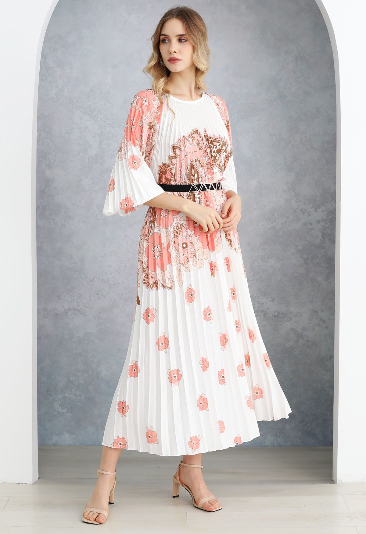 Blossoming Day Watercolor Pleated Maxi Dress in Coral