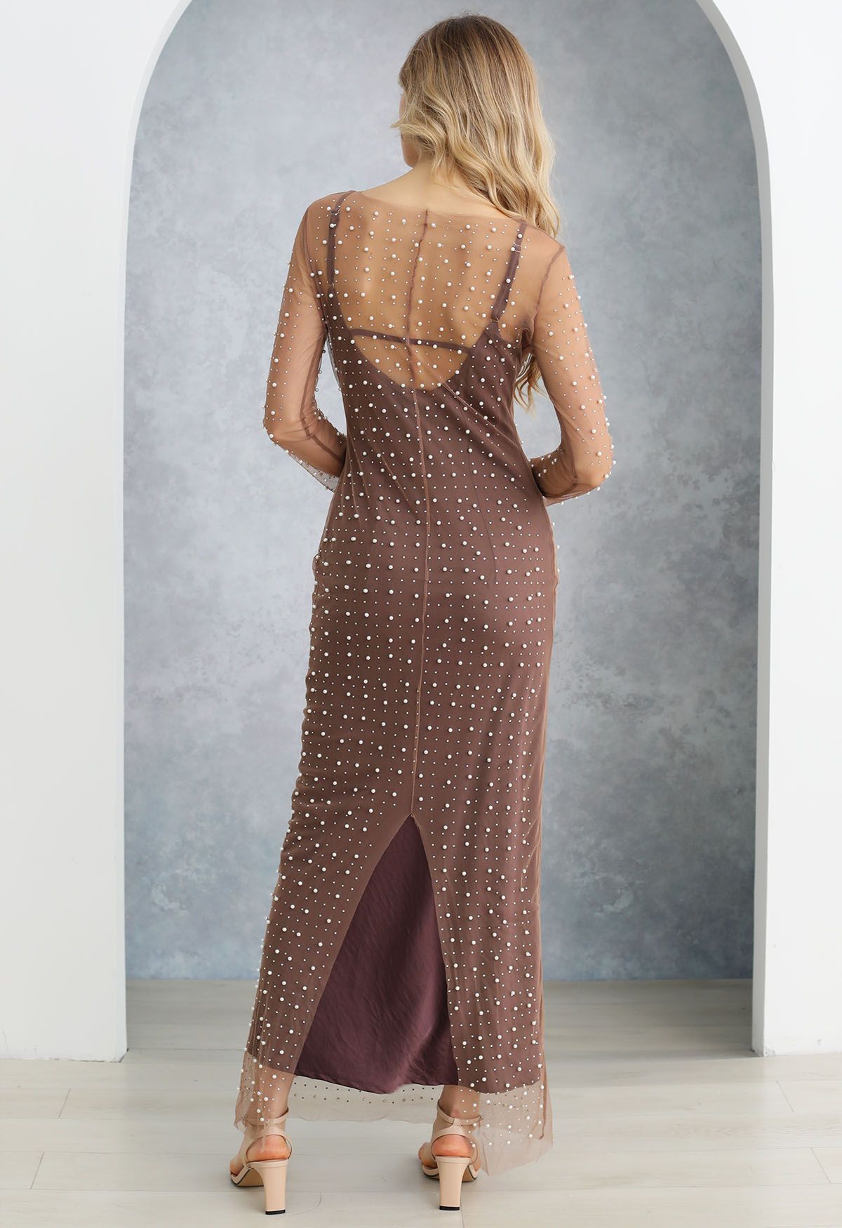 Full Pearl Embellished Sheer Mesh Cover-Up Maxi Dress in Plum