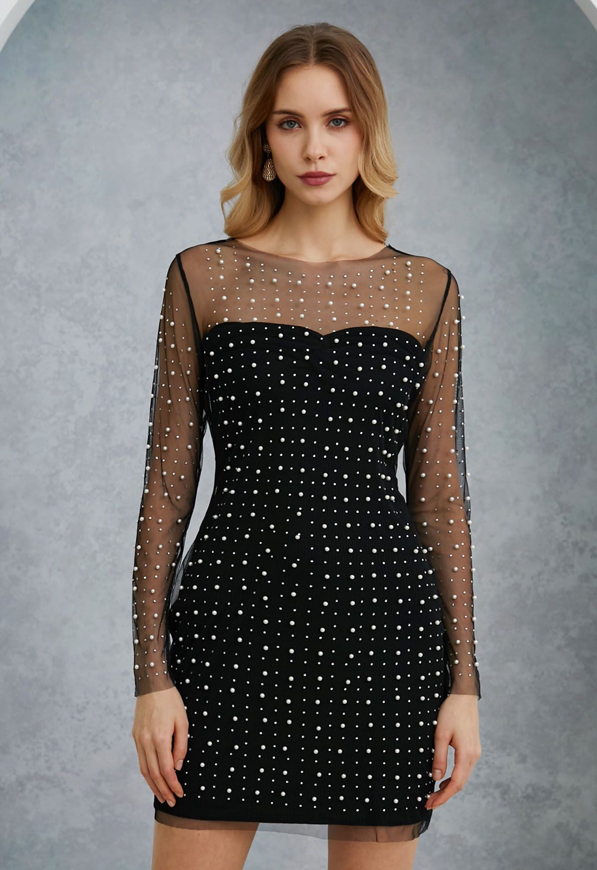 Full Pearl Embellished Sheer Mesh Cover-Up Dress in Black