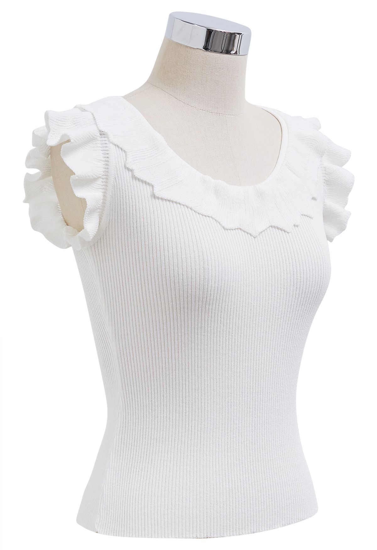 Ethereal Ruffle Sleeveless Knit Top in White