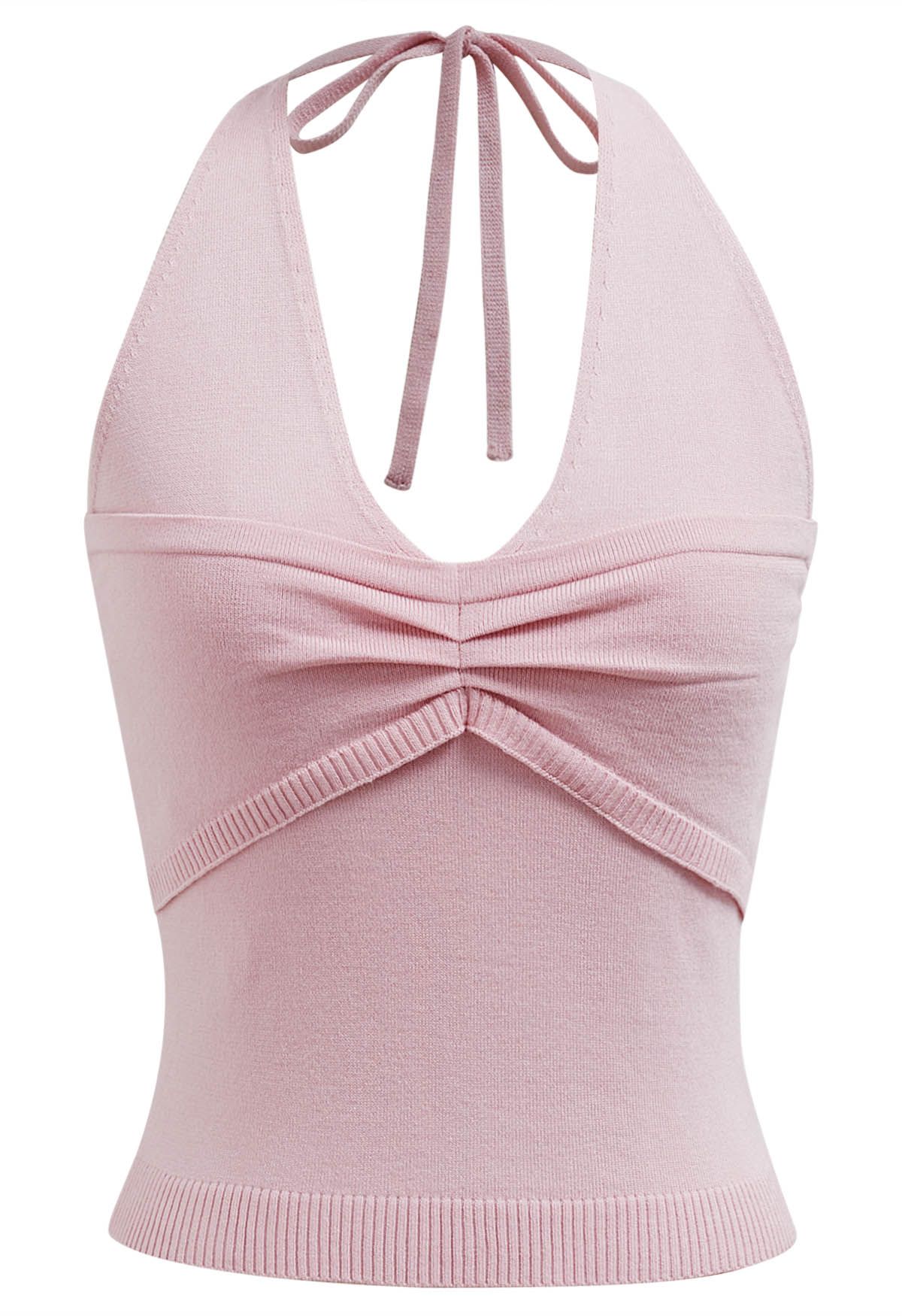 Pintuck Detail Halter Knit Top in Pink