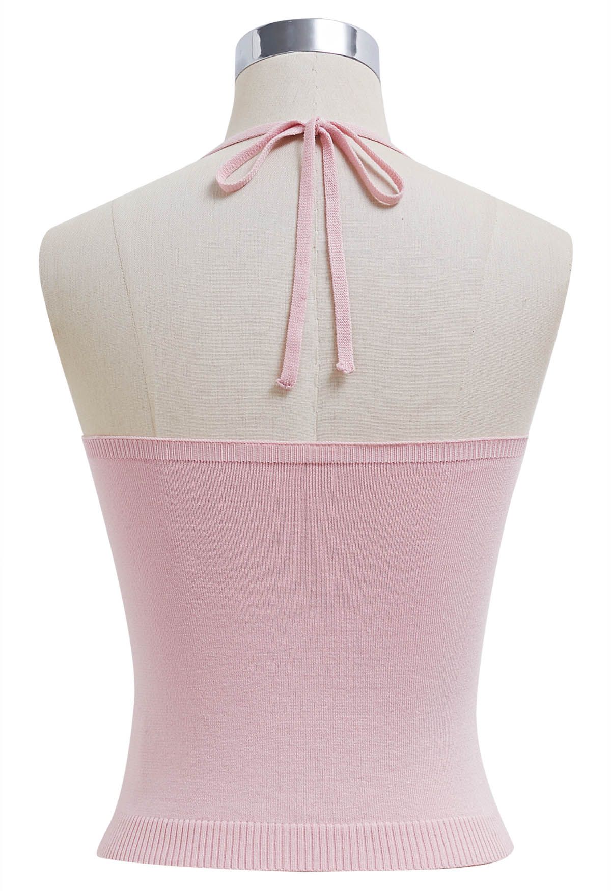 Pintuck Detail Halter Knit Top in Pink