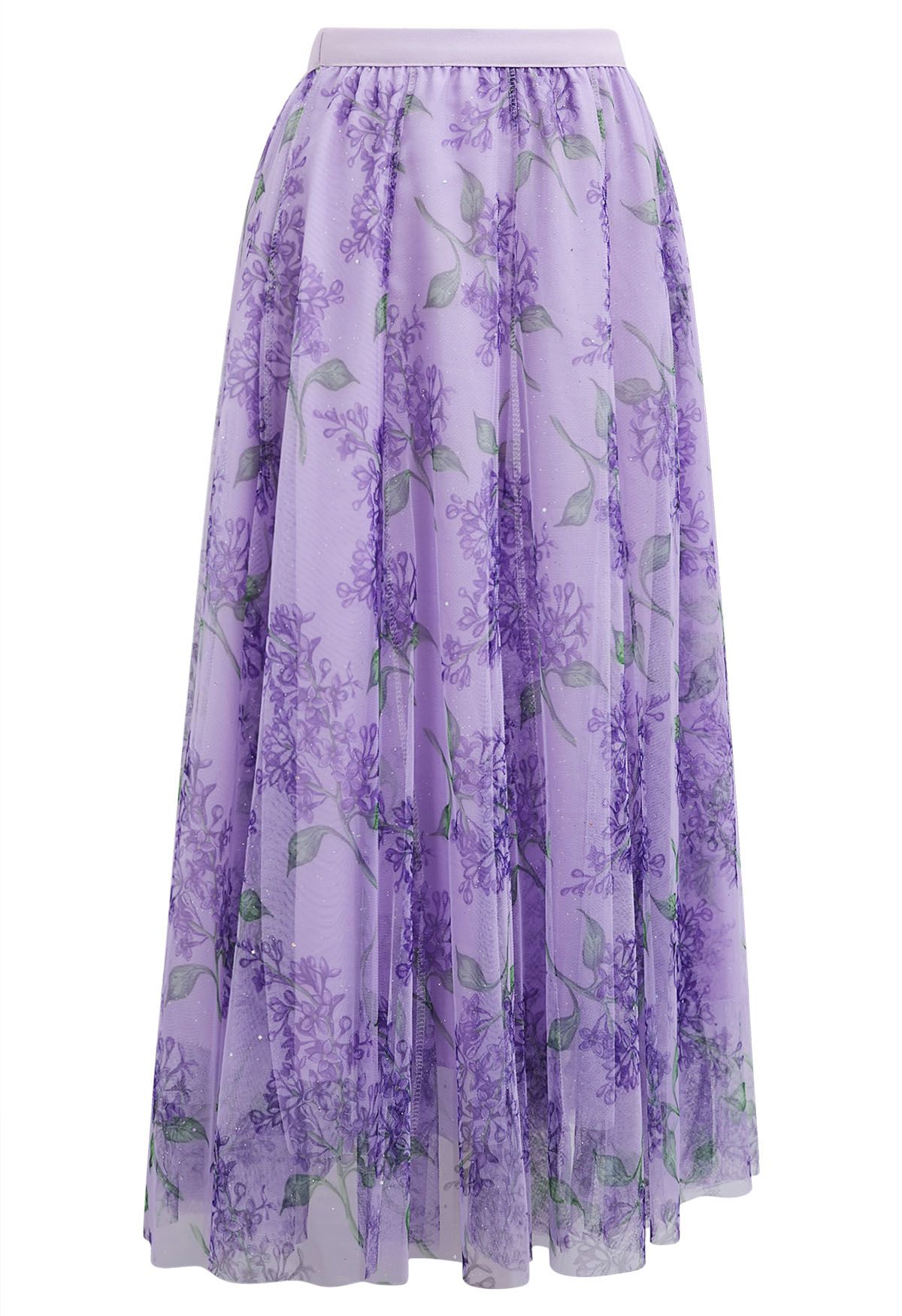 Shimmer Floral Mesh Tulle Midi Skirt in Purple