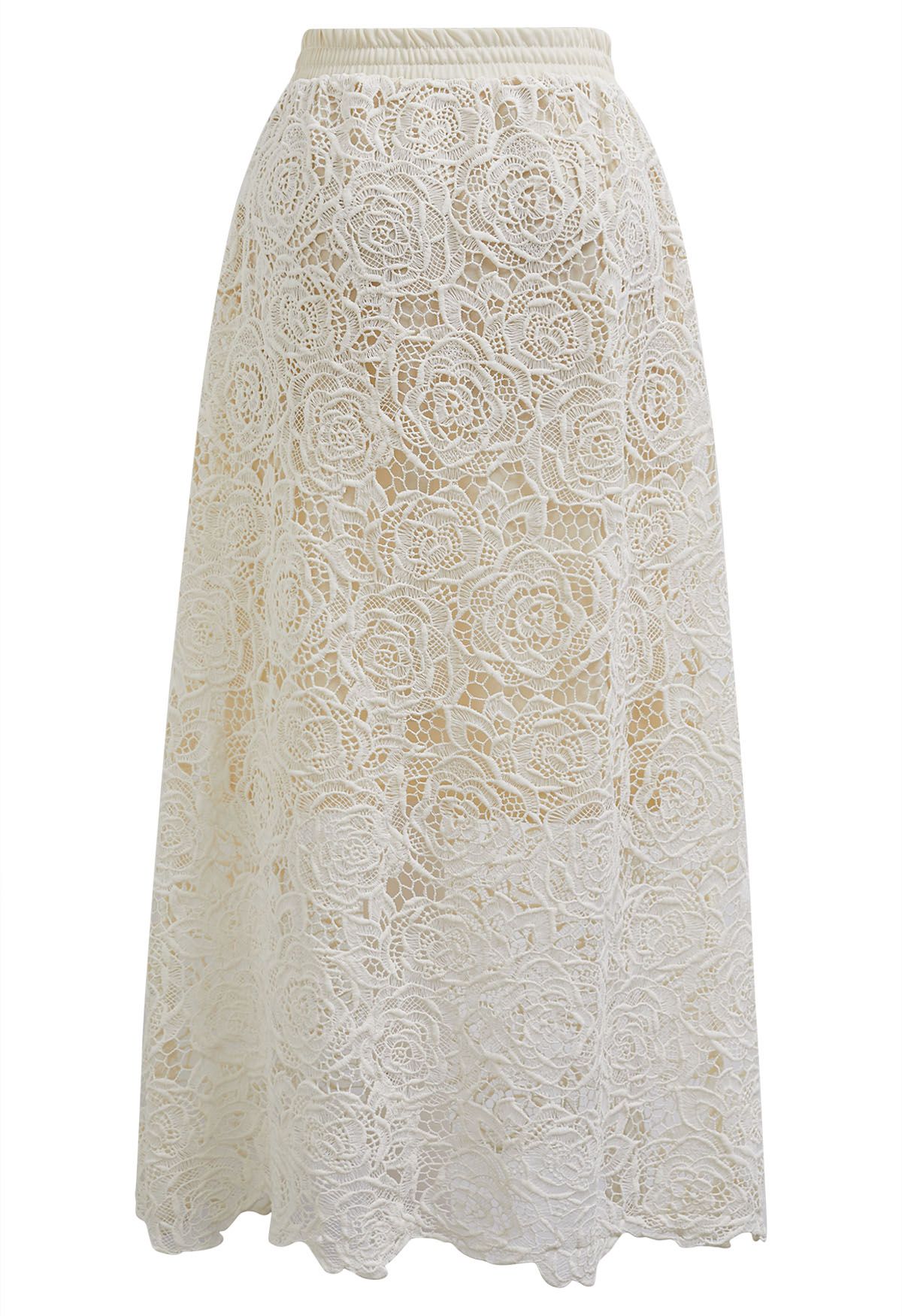 Exquisite Rose Cutwork Lace Maxi Skirt in Cream