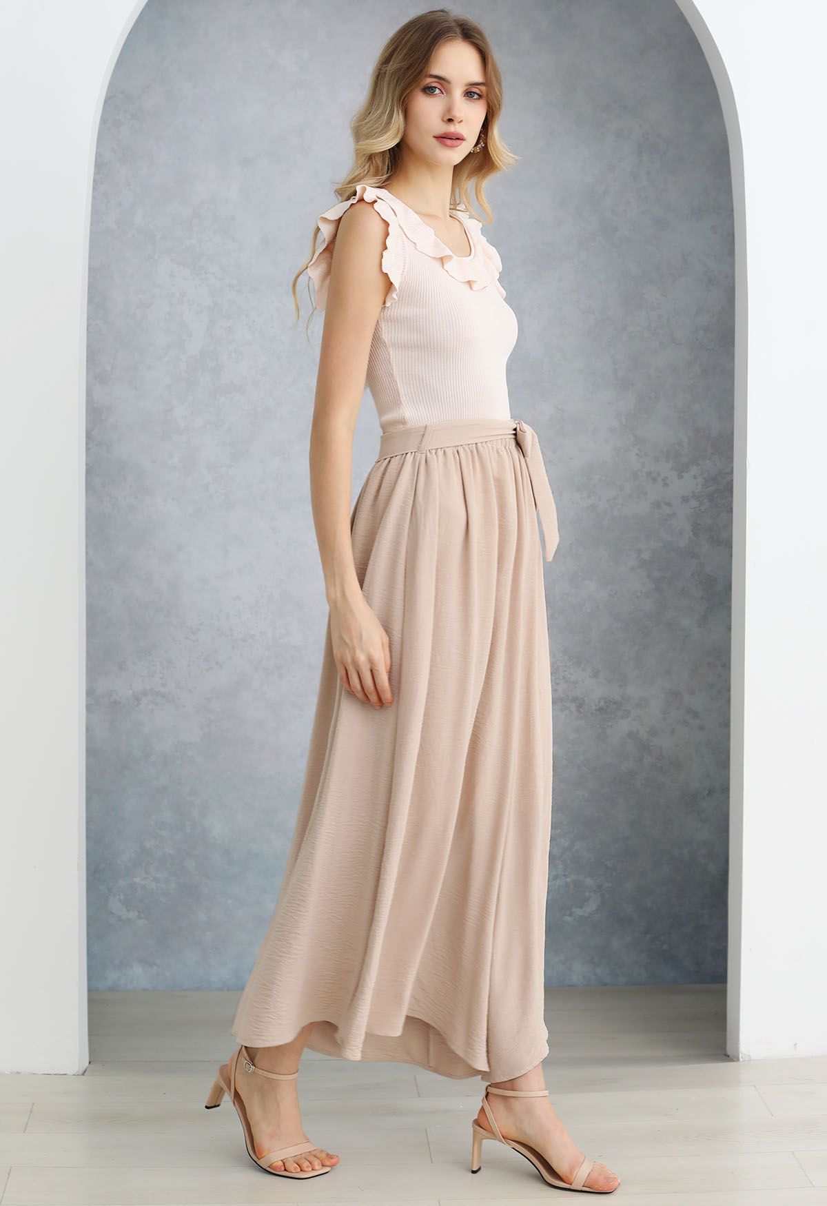 Breezy Tie Waist Asymmetric Crop Pants in Peach