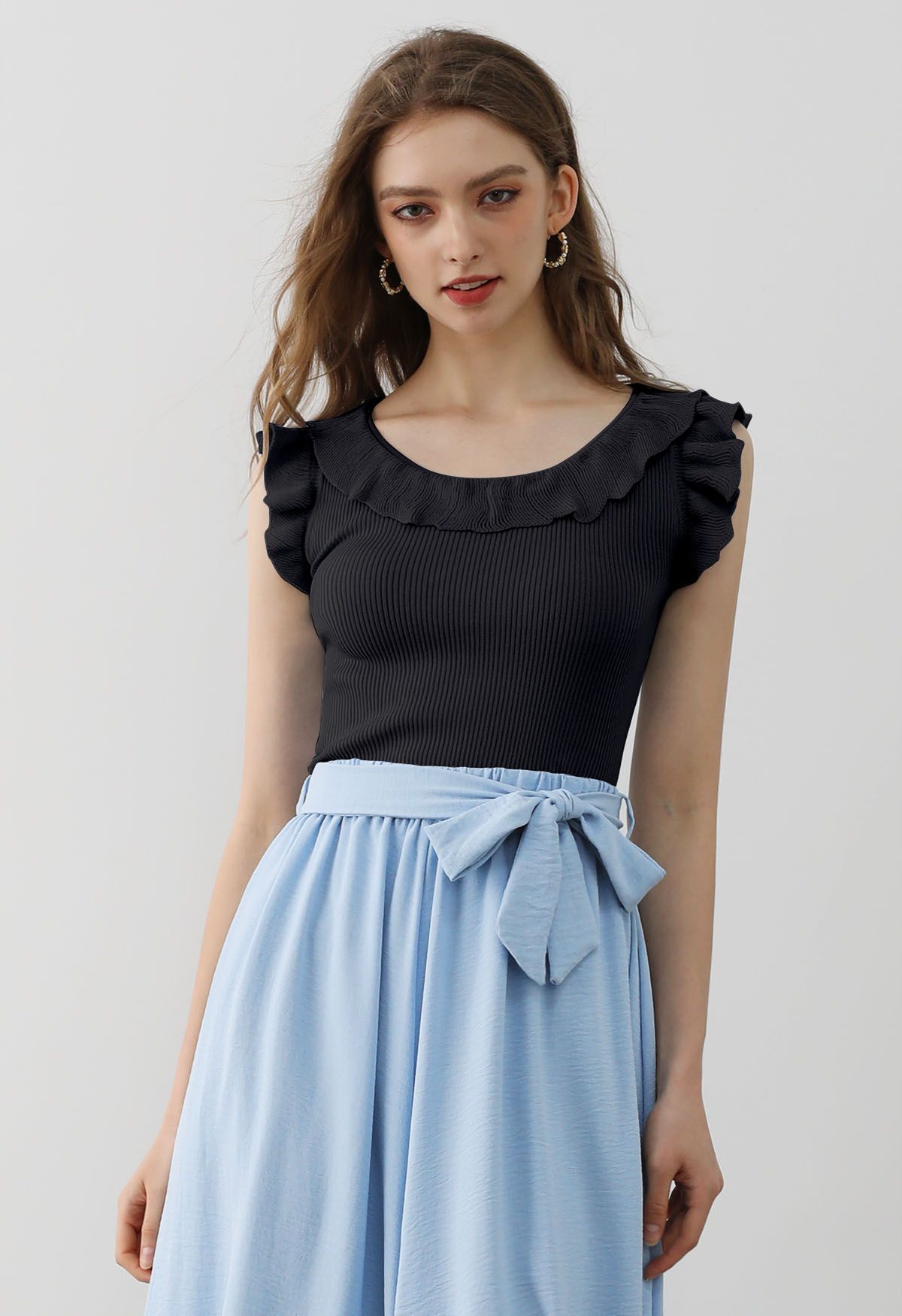 Ethereal Ruffle Sleeveless Knit Top in Black