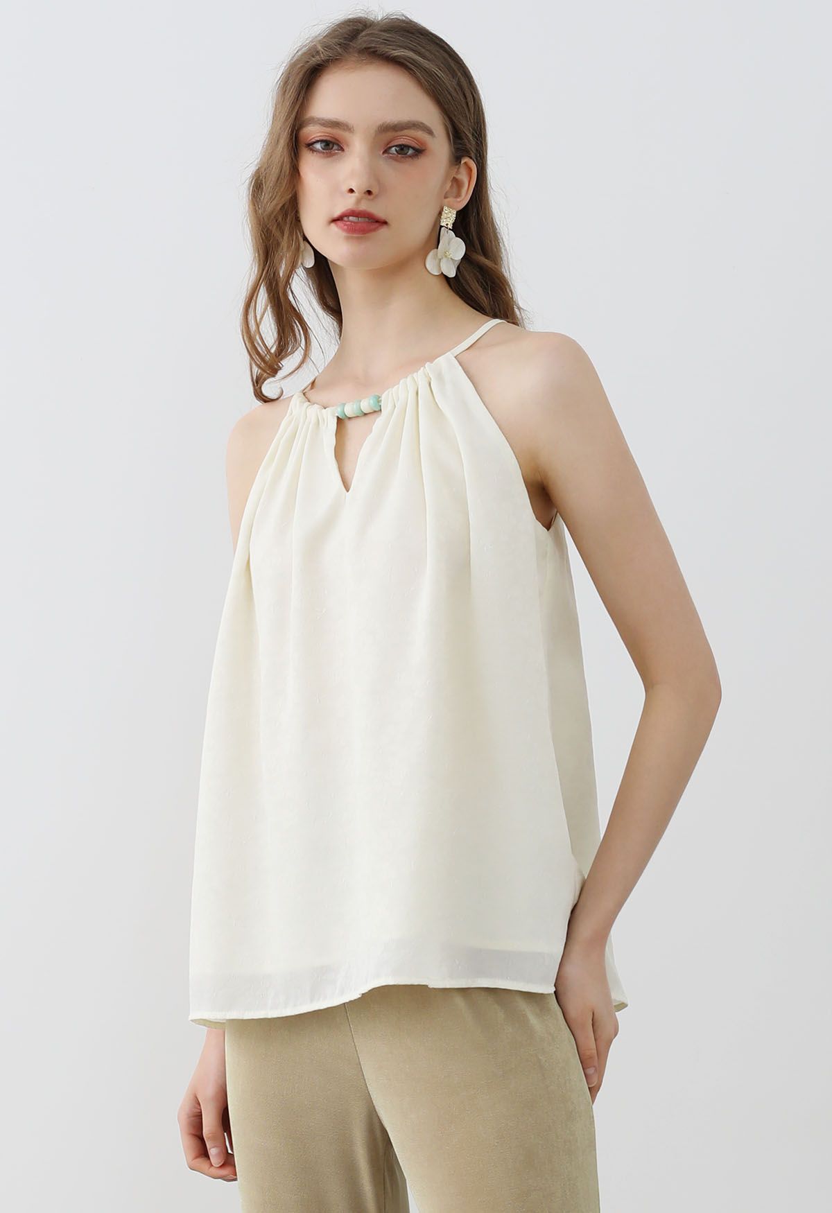 Beaded Halter Neck Floret Jacquard Top in Cream