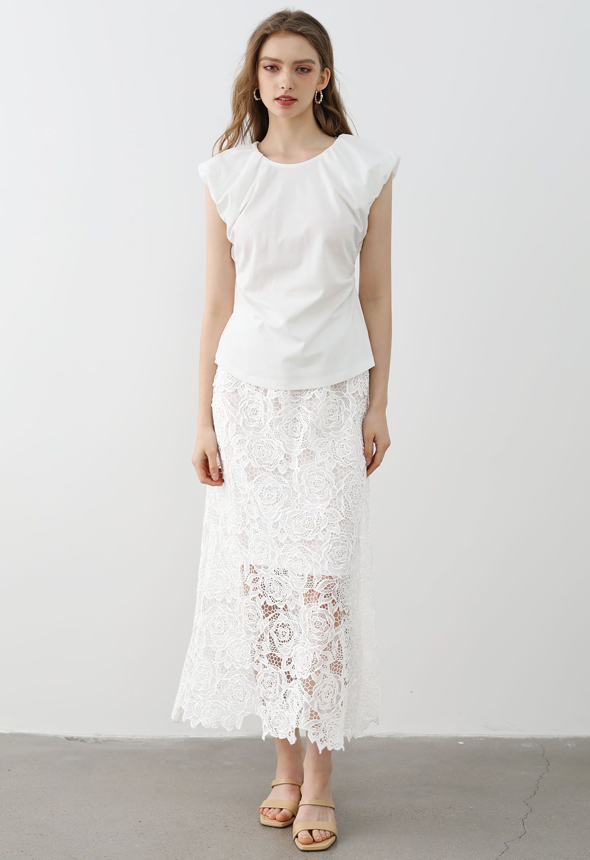 Exquisite Rose Cutwork Lace Maxi Skirt in White