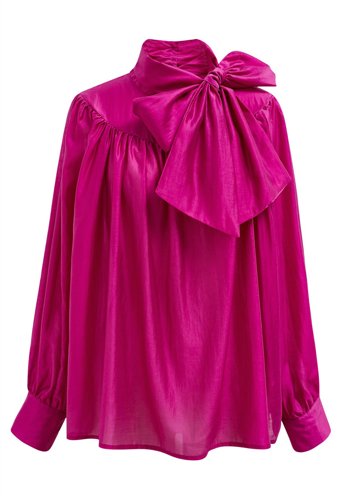 Charming Bowknot Puff Sleeve Sheer Shirt in Hot Pink