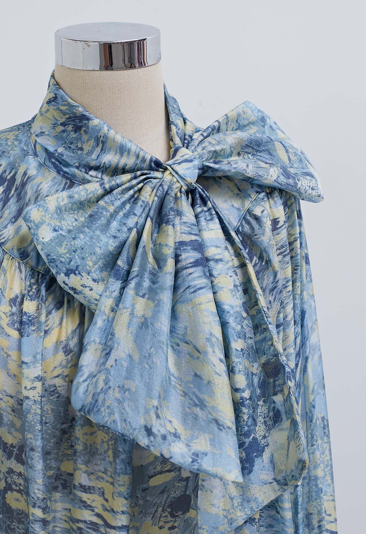 Charming Bowknot Puff Sleeve Sheer Shirt in Watercolor