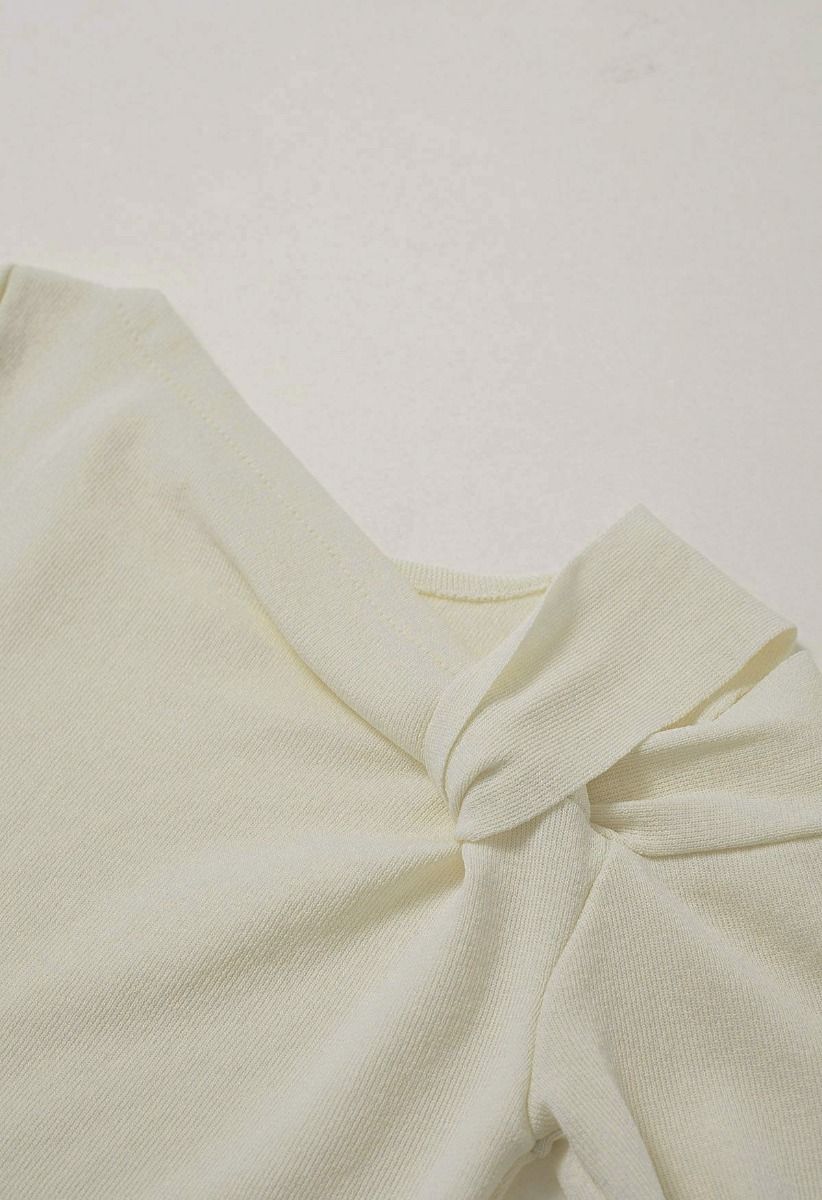 Stylish Knotted Shoulder Stretchy Knit Top in Cream