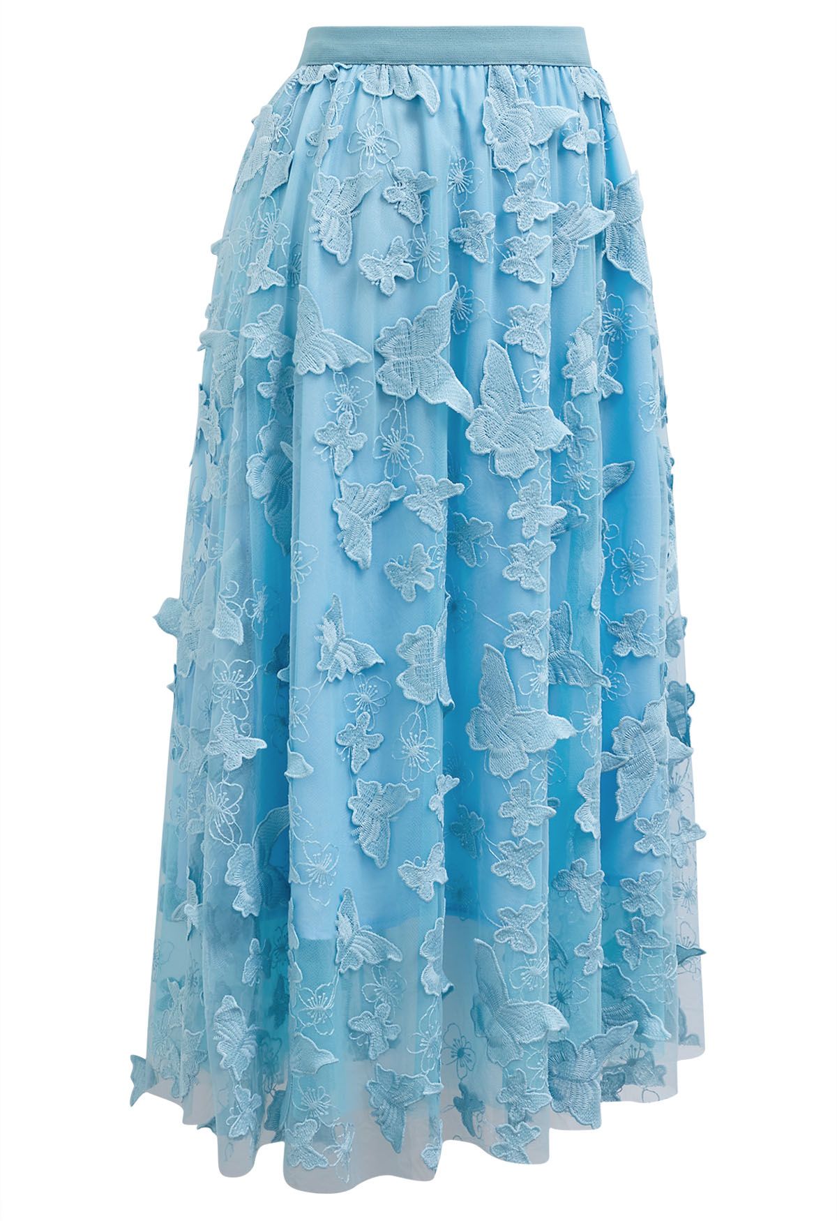 Loveliness 3D Butterfly Embroidered Mesh Tulle Midi Skirt in Blue