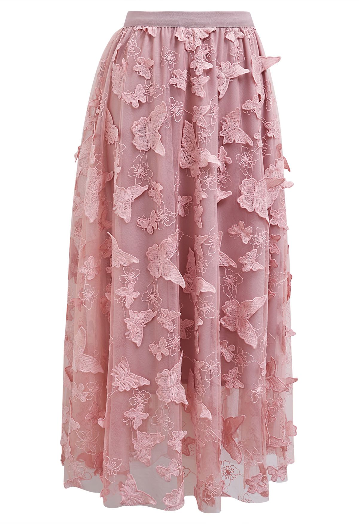 Loveliness 3D Butterfly Embroidered Mesh Tulle Midi Skirt in Pink