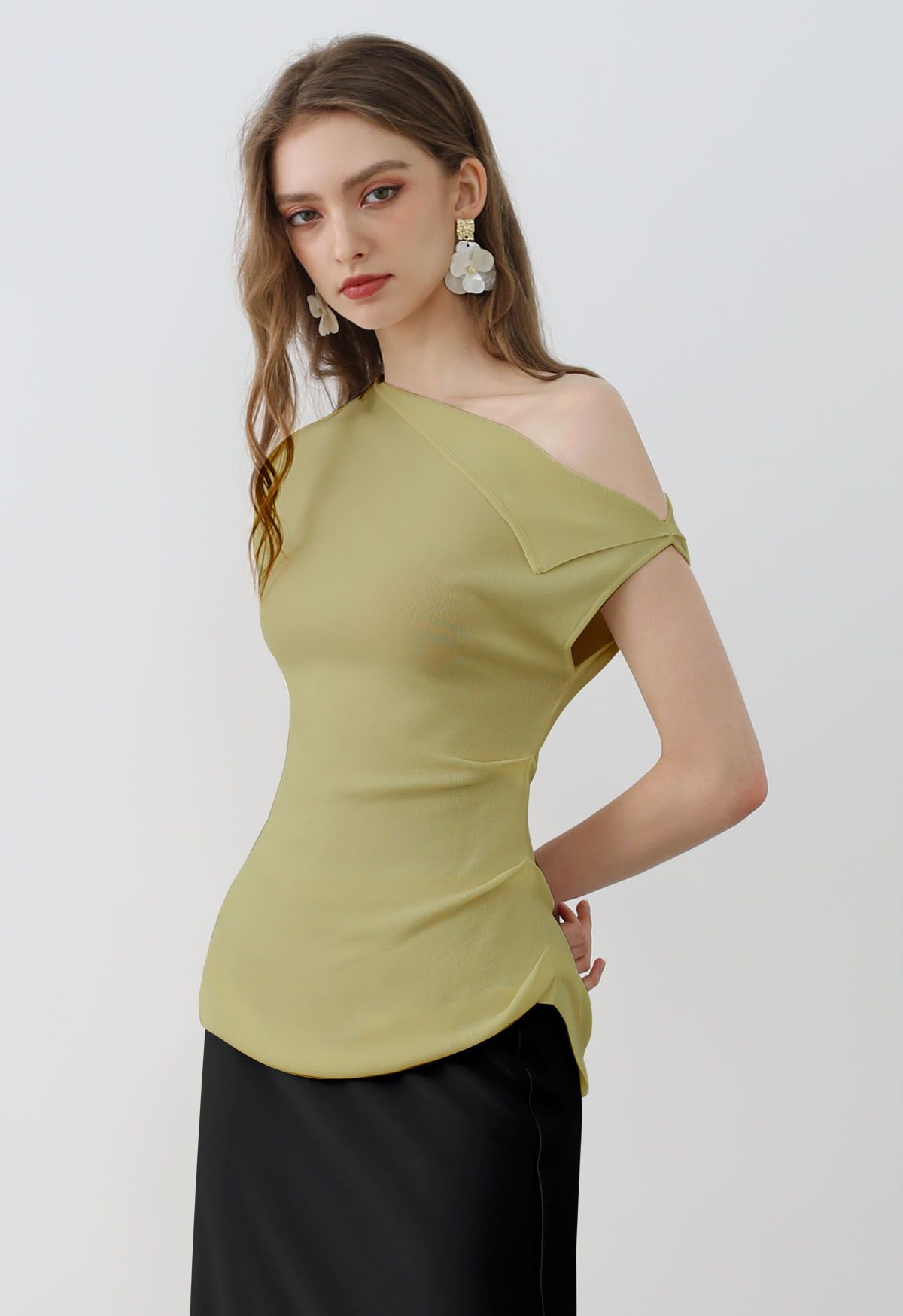 Asymmetric Folded Collar Knit Top in Pistachio