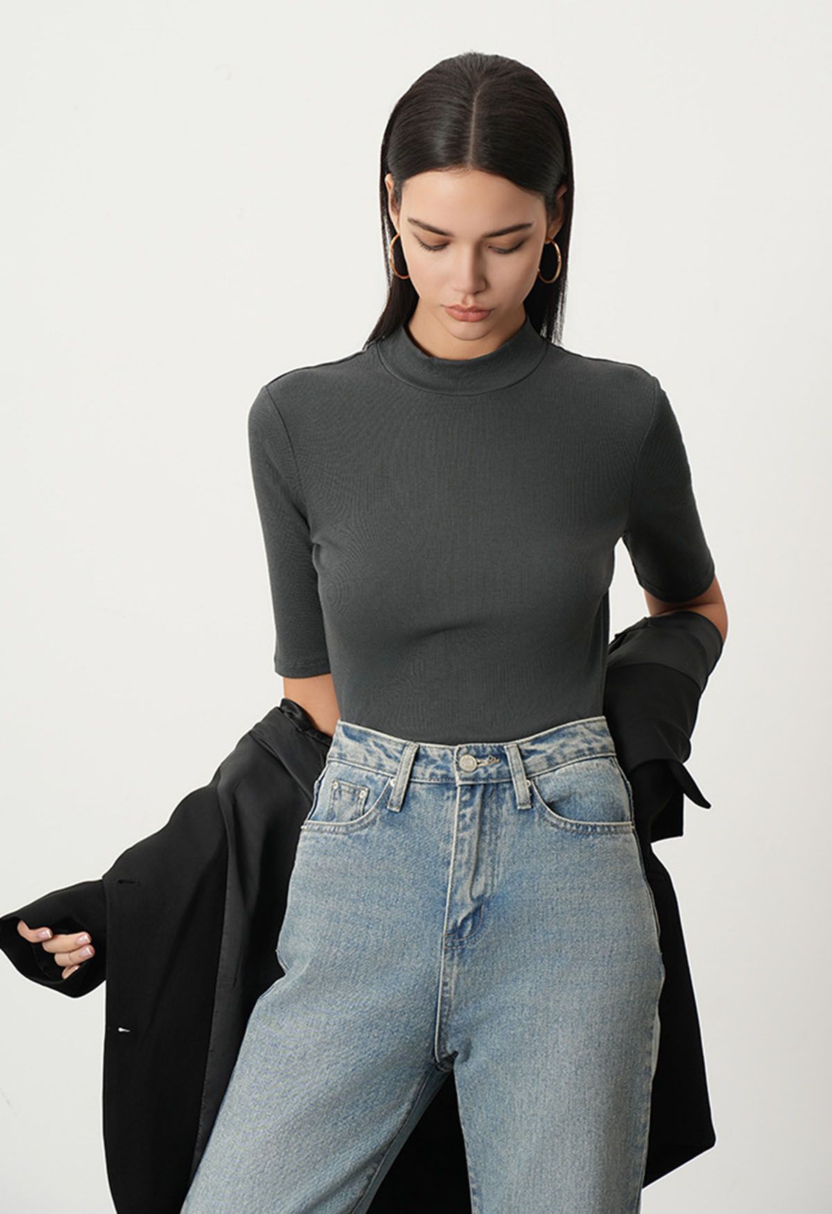 Sophisticated Elbow Sleeve Top in Smoke