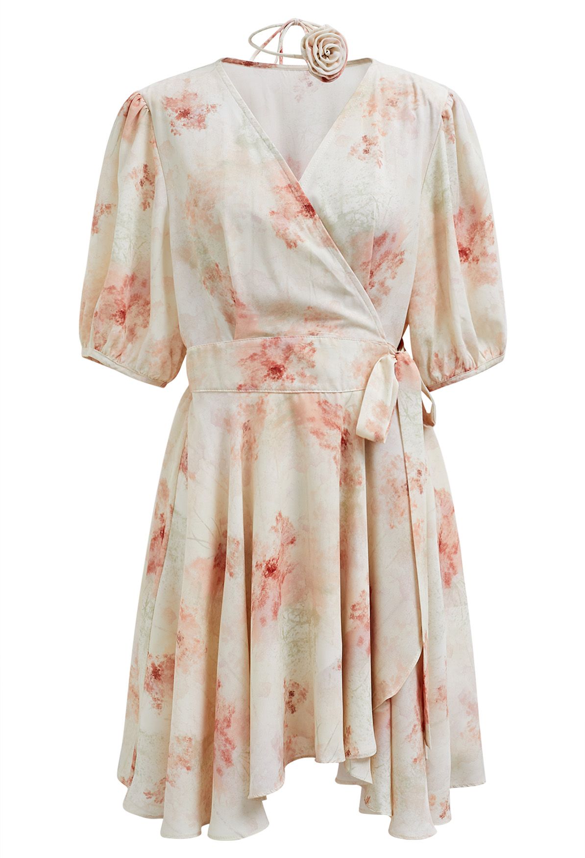 Watercolor Coral Floral Wrap Mini Dress with Choker