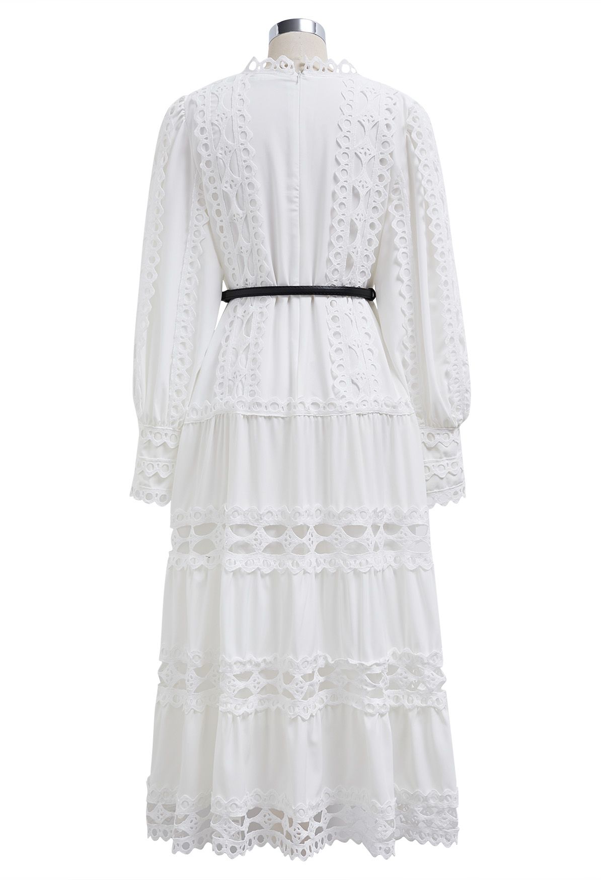 Belted Cutwork Lace Trim Bubble Sleeve Midi Dress in White