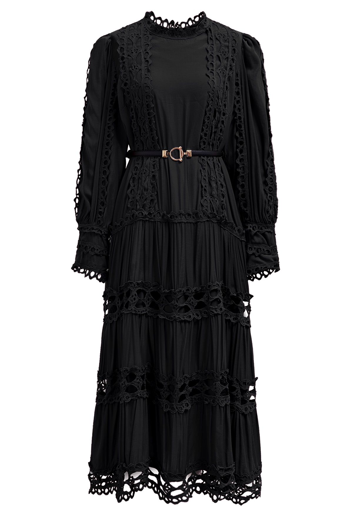 Belted Cutwork Lace Trim Bubble Sleeve Midi Dress in Black