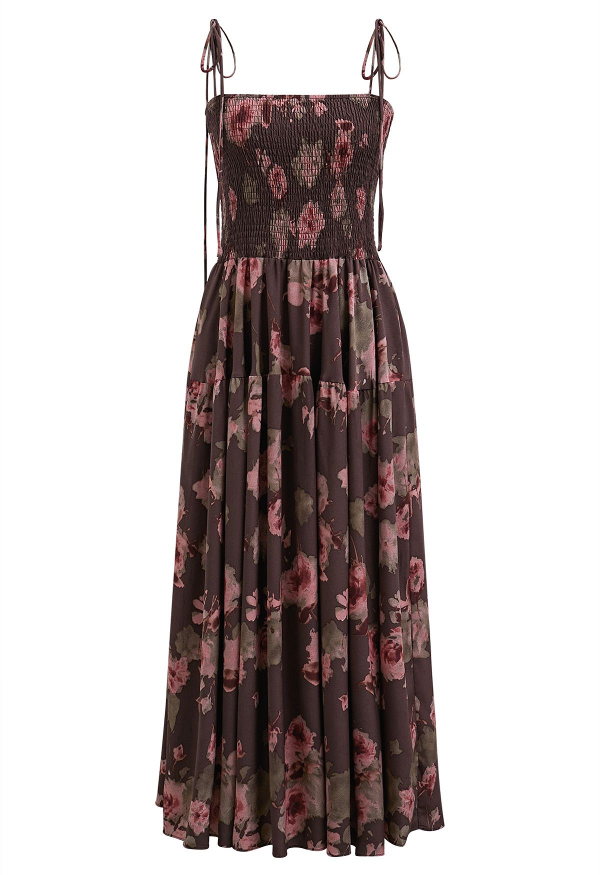 Floral Tie-Shoulder Shirring Midi Dress in Burgundy