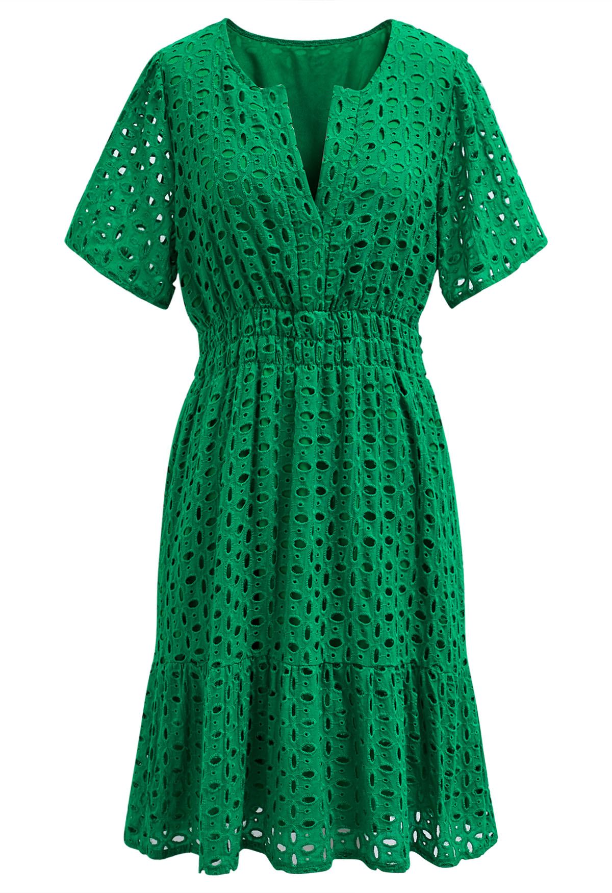 Eyelet Embroidery V-Neck Cotton Dress in Green