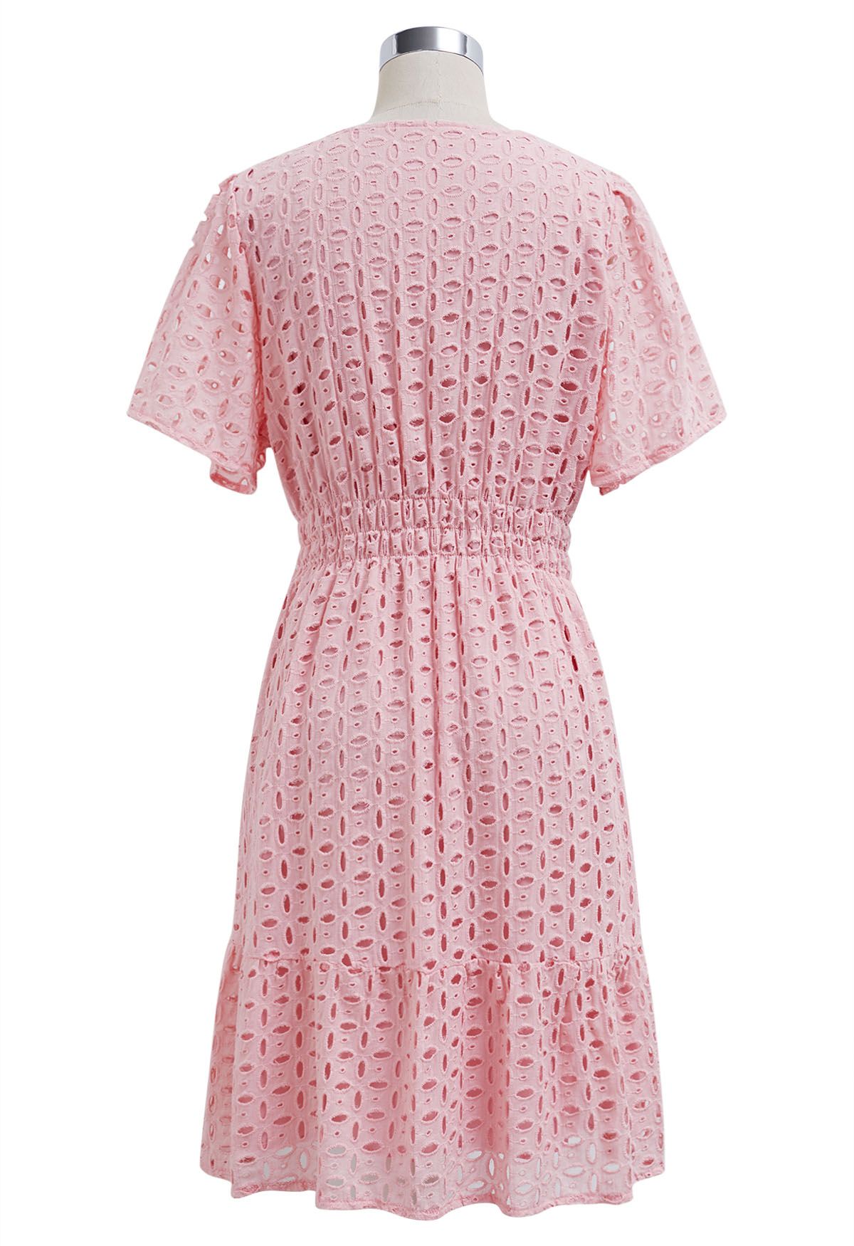 Eyelet Embroidery V-Neck Cotton Dress in Pink