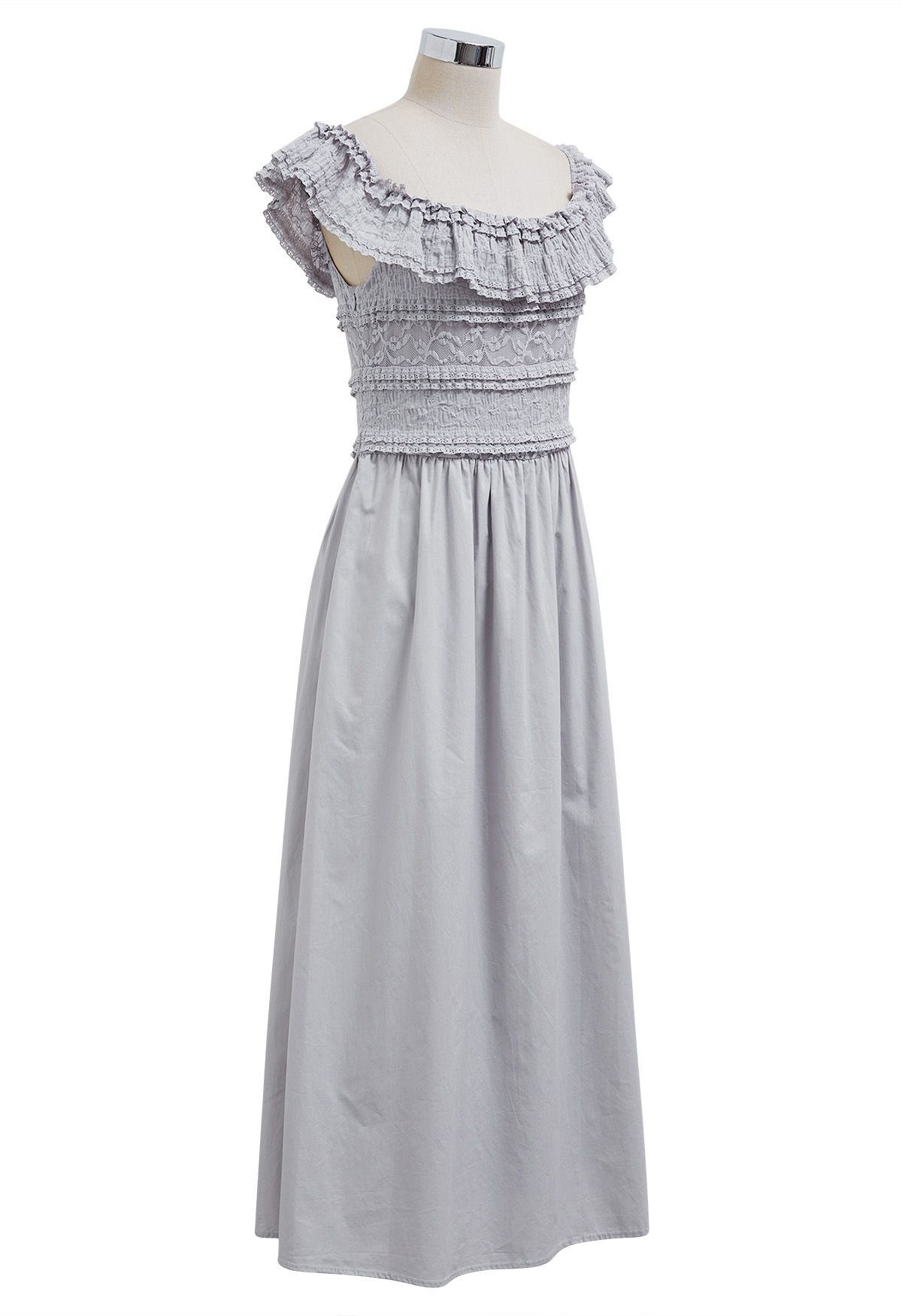 Tiered Lace Off-Shoulder Spliced Dress in Grey