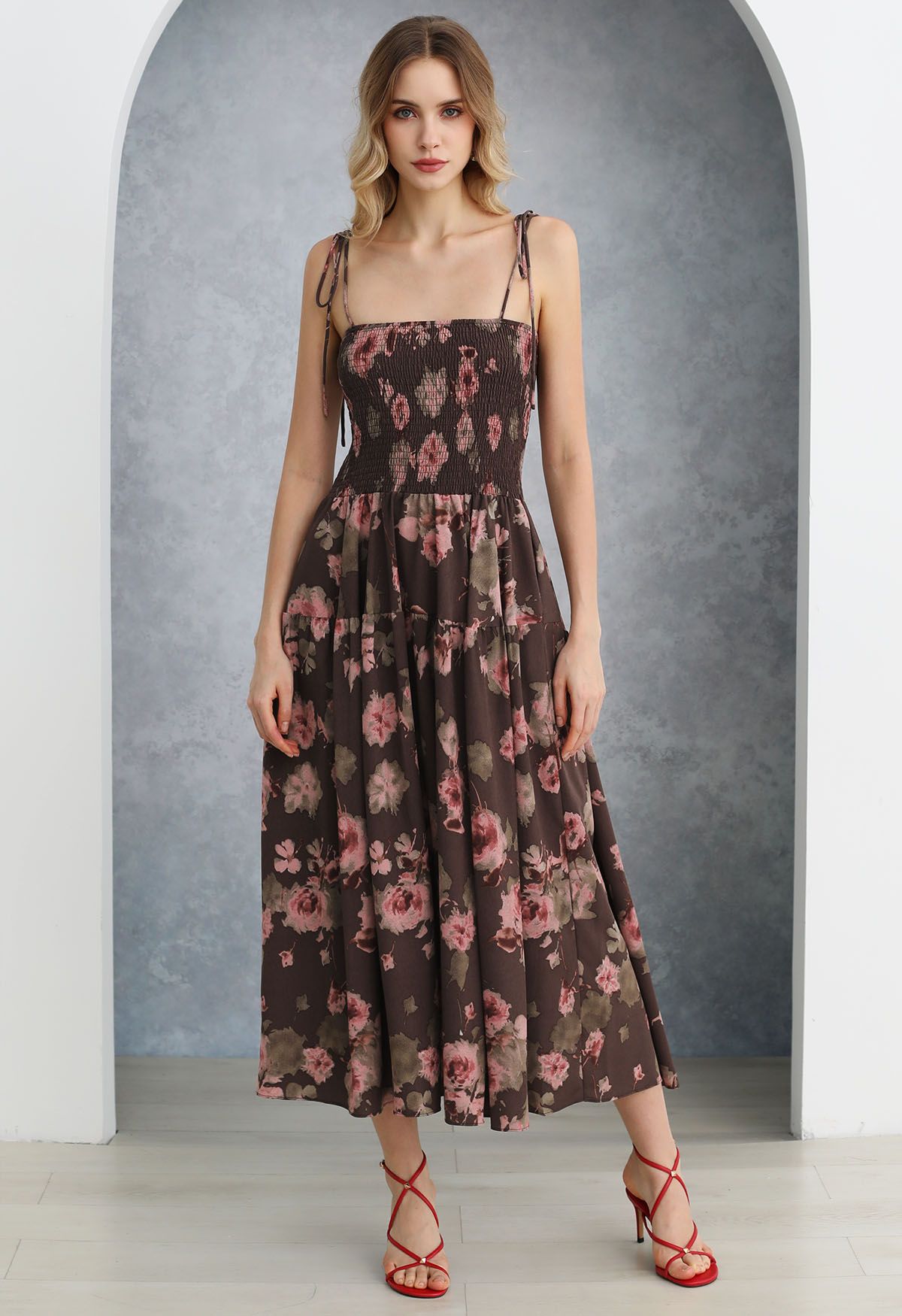 Floral Tie-Shoulder Shirring Midi Dress in Burgundy