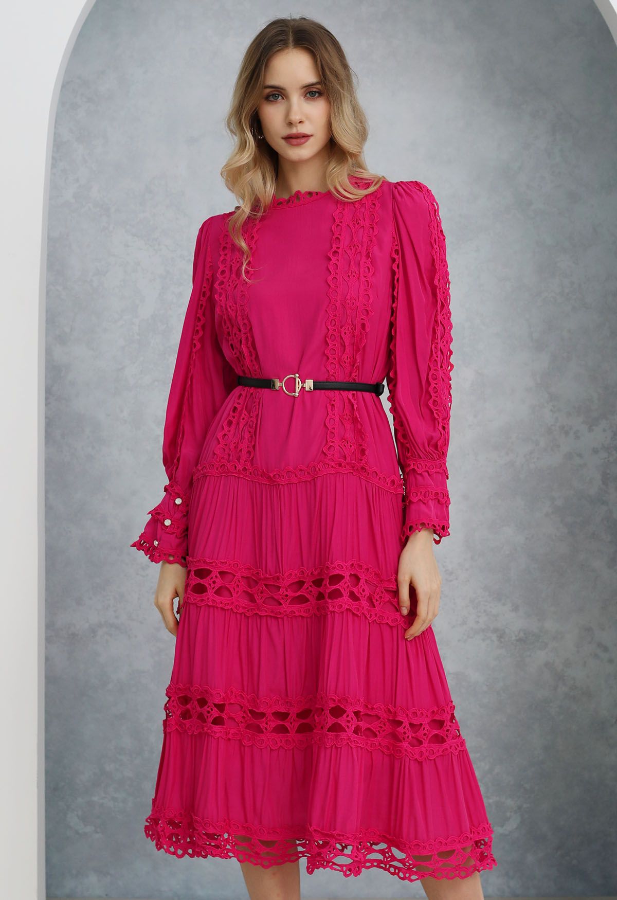 Belted Cutwork Lace Trim Bubble Sleeve Midi Dress in Magenta