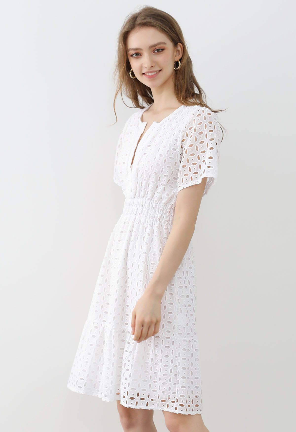 Eyelet Embroidery V-Neck Cotton Dress in White