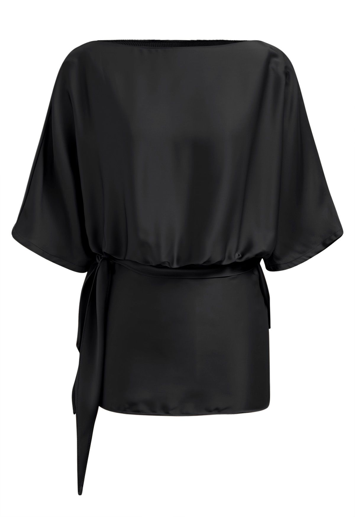 Boat Neck Tie-Waist Satin Top in Black