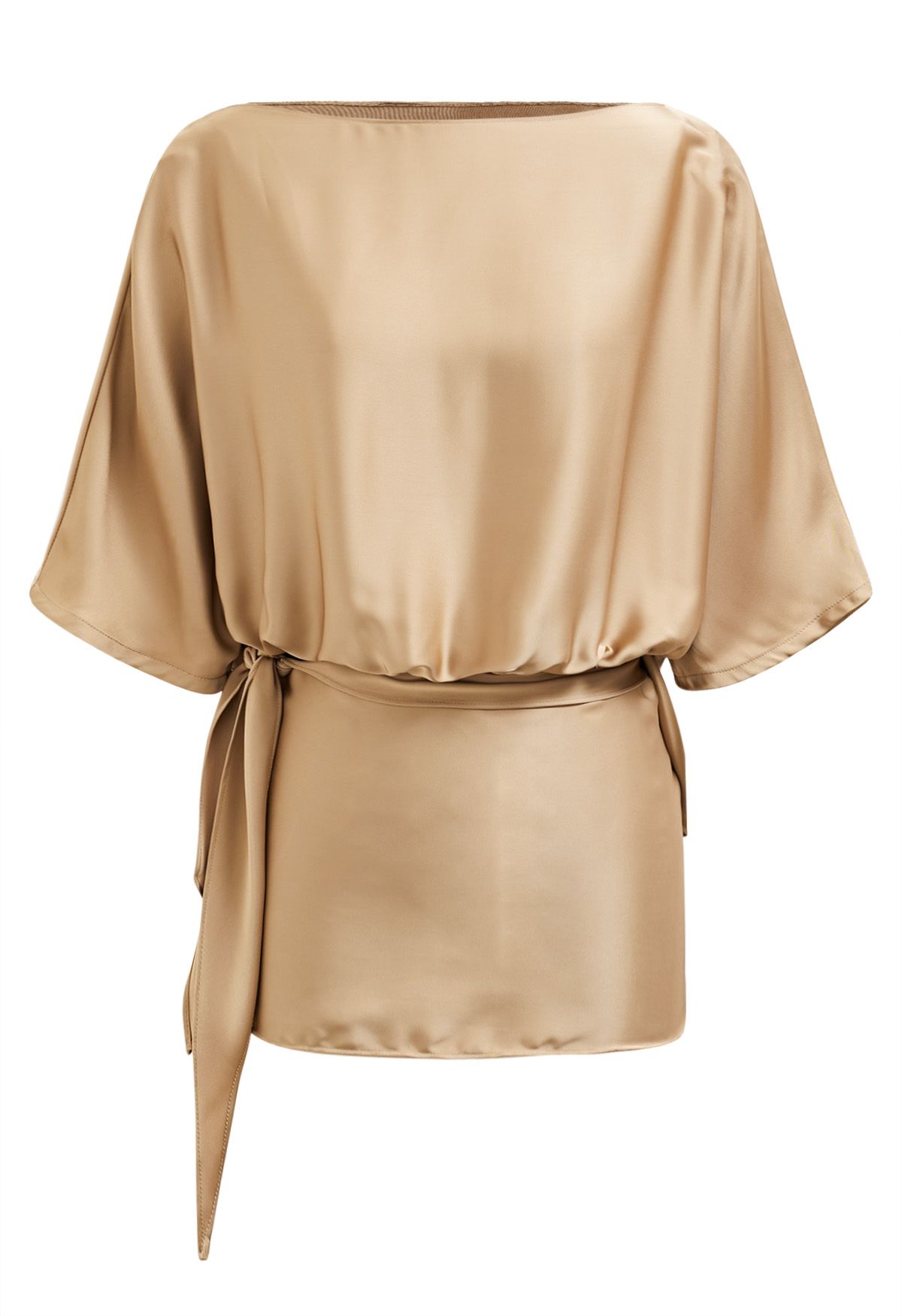 Boat Neck Tie-Waist Satin Top in Gold