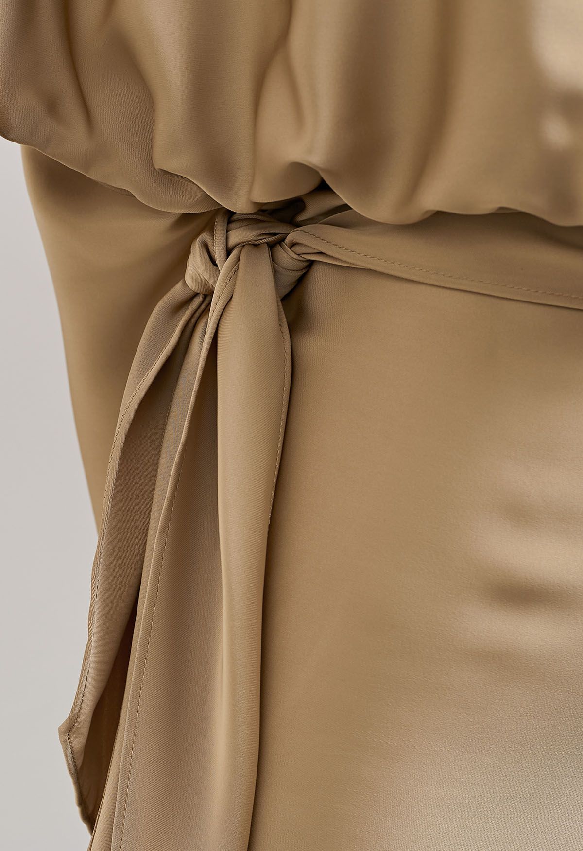 Boat Neck Tie-Waist Satin Top in Gold