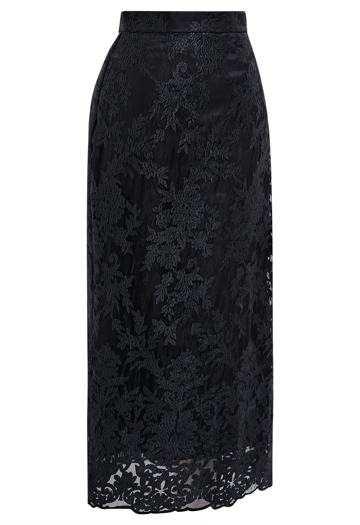 Embroidered Floral Slit Back Midi Skirt in Black