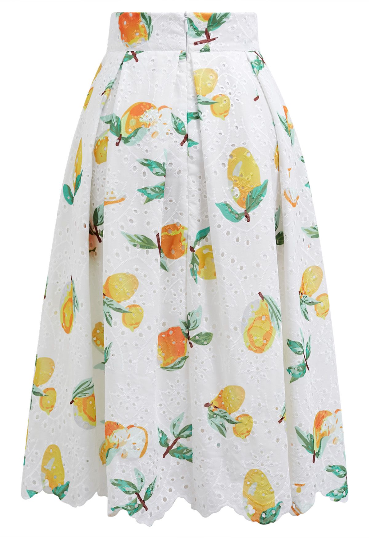 Lemon Printed Eyelet Embroidered Scallop Edge Pleated Skirt