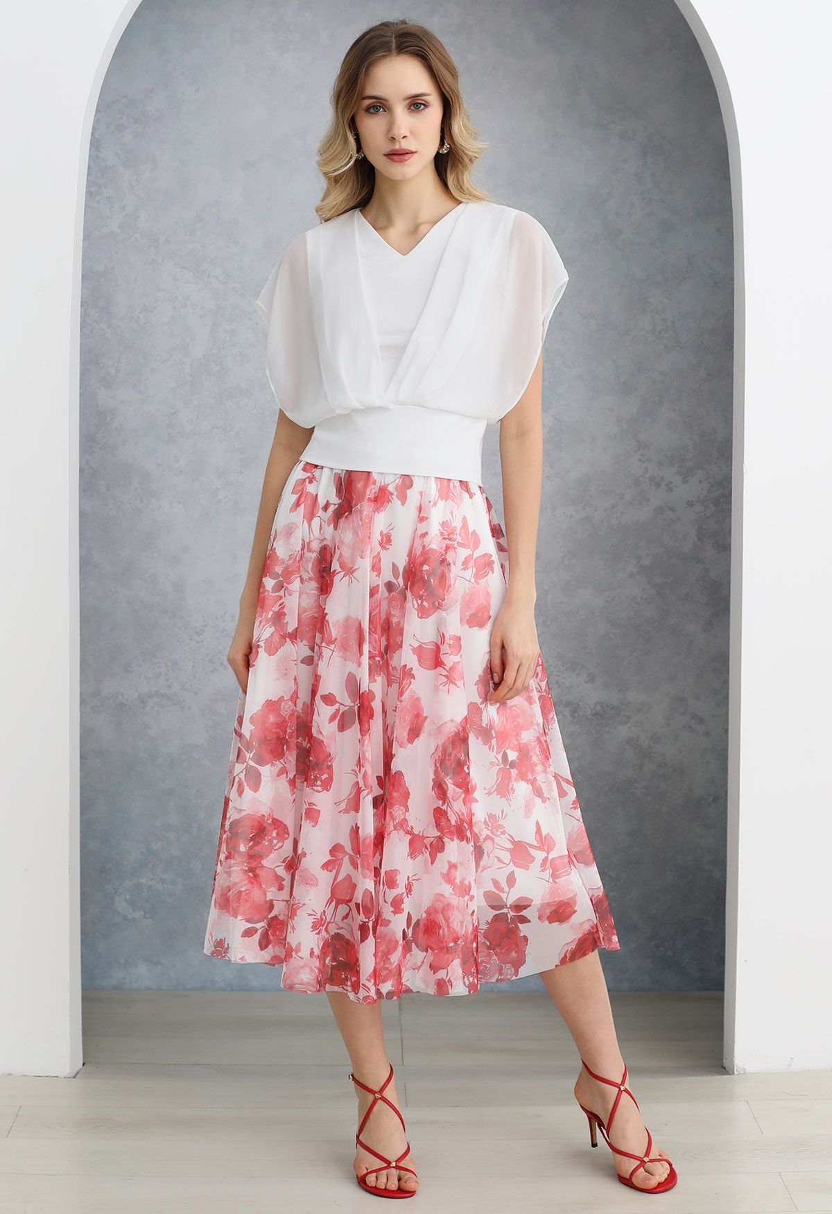 Flourishing Red Floral Mesh Tulle Midi Skirt