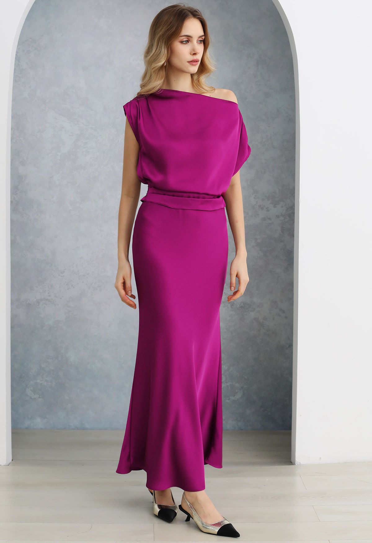 One-Shoulder Shirred Back Satin Top in Magenta