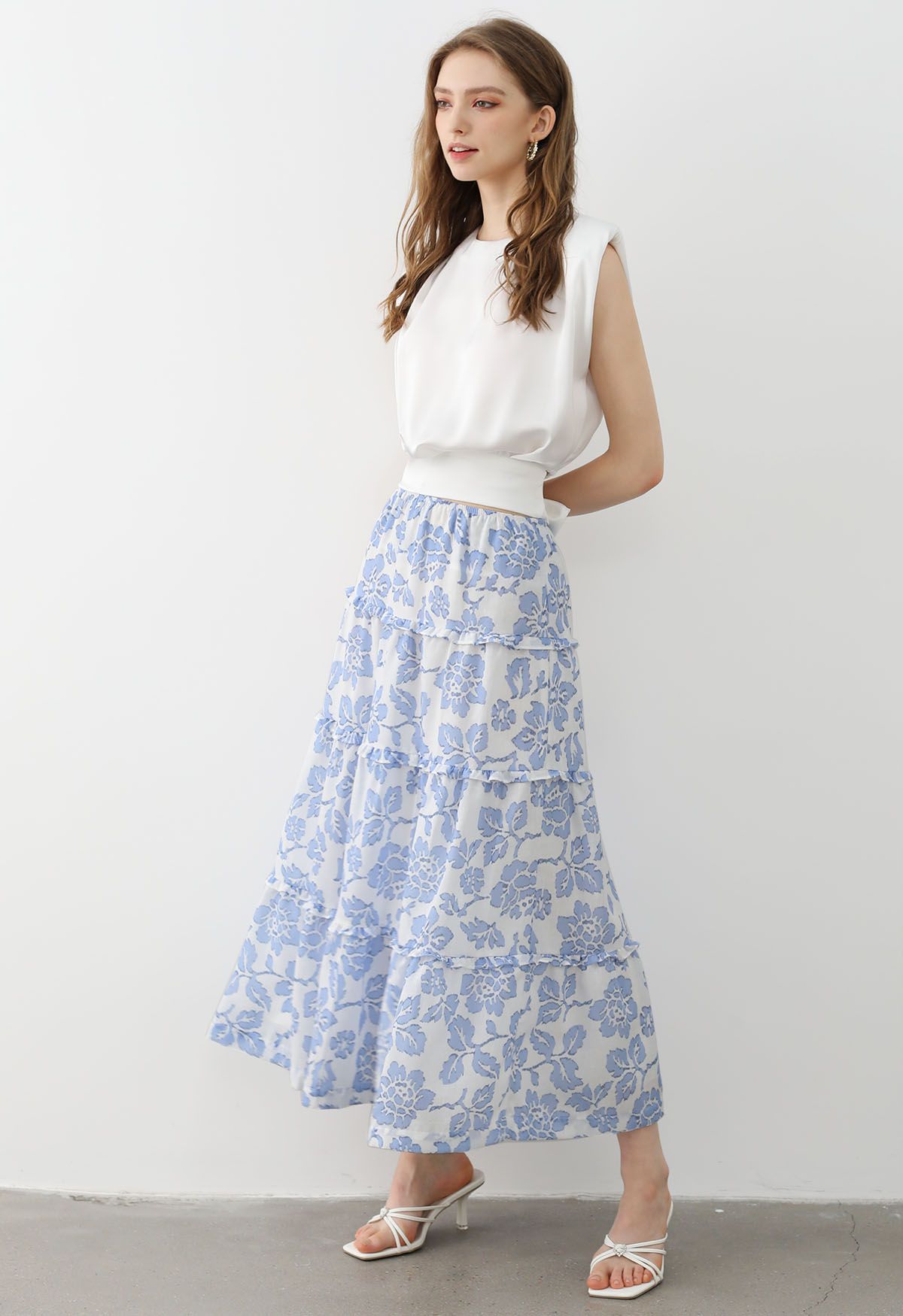 Sunny Blooms Ruffle Trim A-Line Skirt in Blue