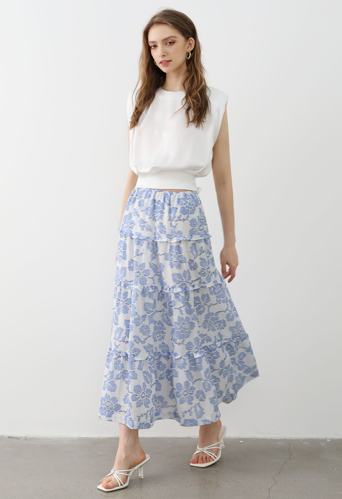 Sunny Blooms Ruffle Trim A-Line Skirt in Blue