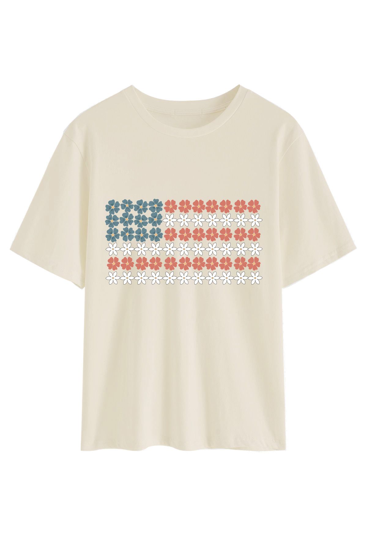 American Flag Floret Round Neck T-Shirt