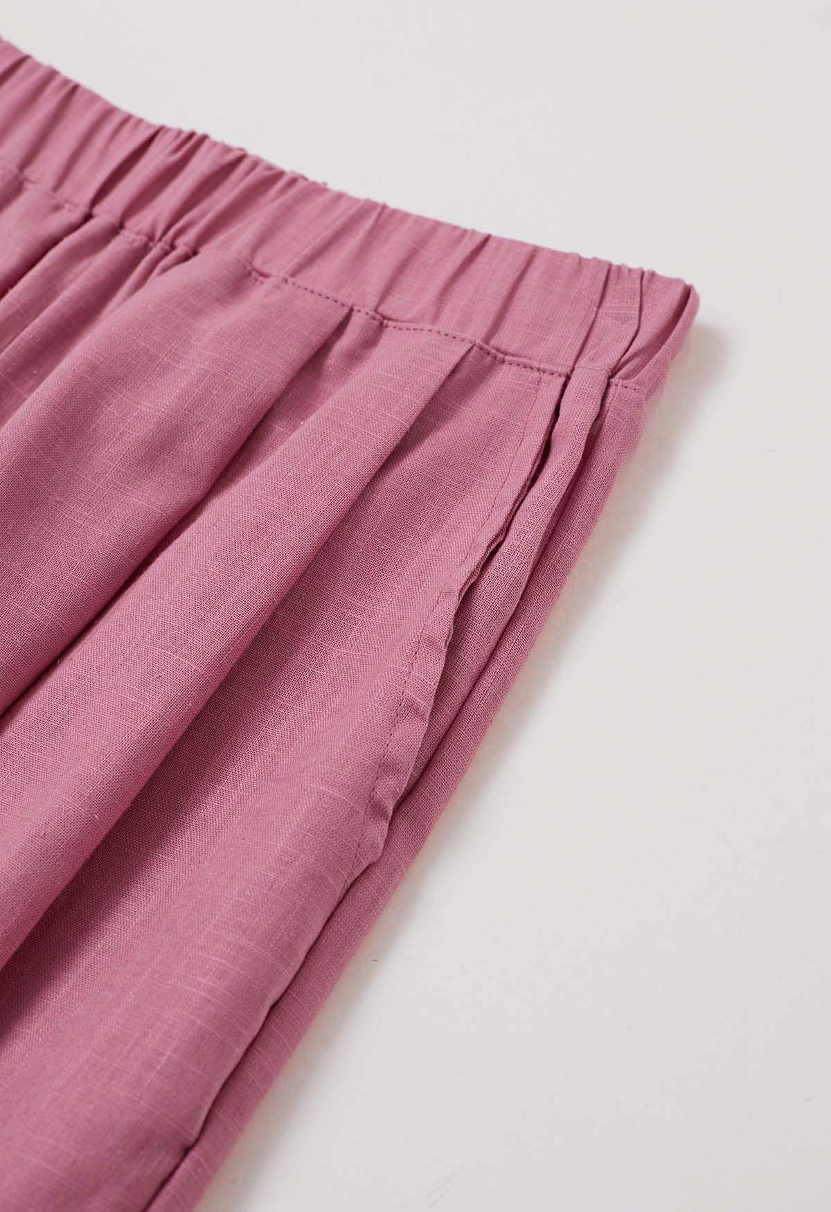 Side Pocket Wide-Leg Linen-Blend Pants in Pink