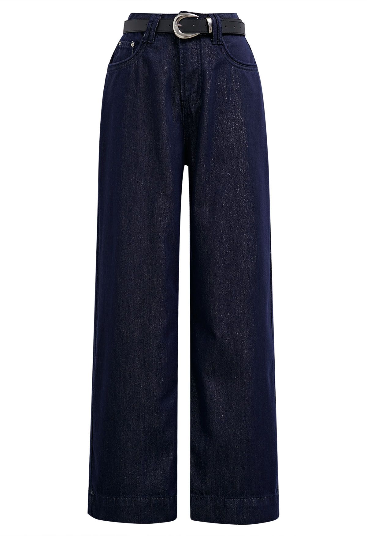 Shimmery Navy Straight-Leg Belted Jeans